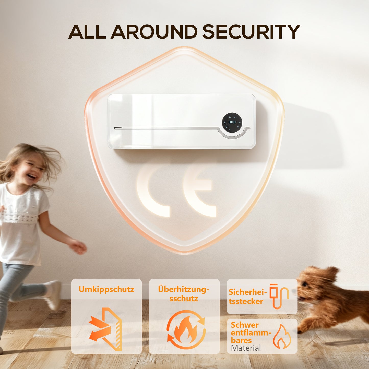 HOMCOM Heizlüfter zur Wandmontage 2000W Keramik-Wandheizung mit Ventilator, Fernbedienung, 2 Heizmodi, LED-Display