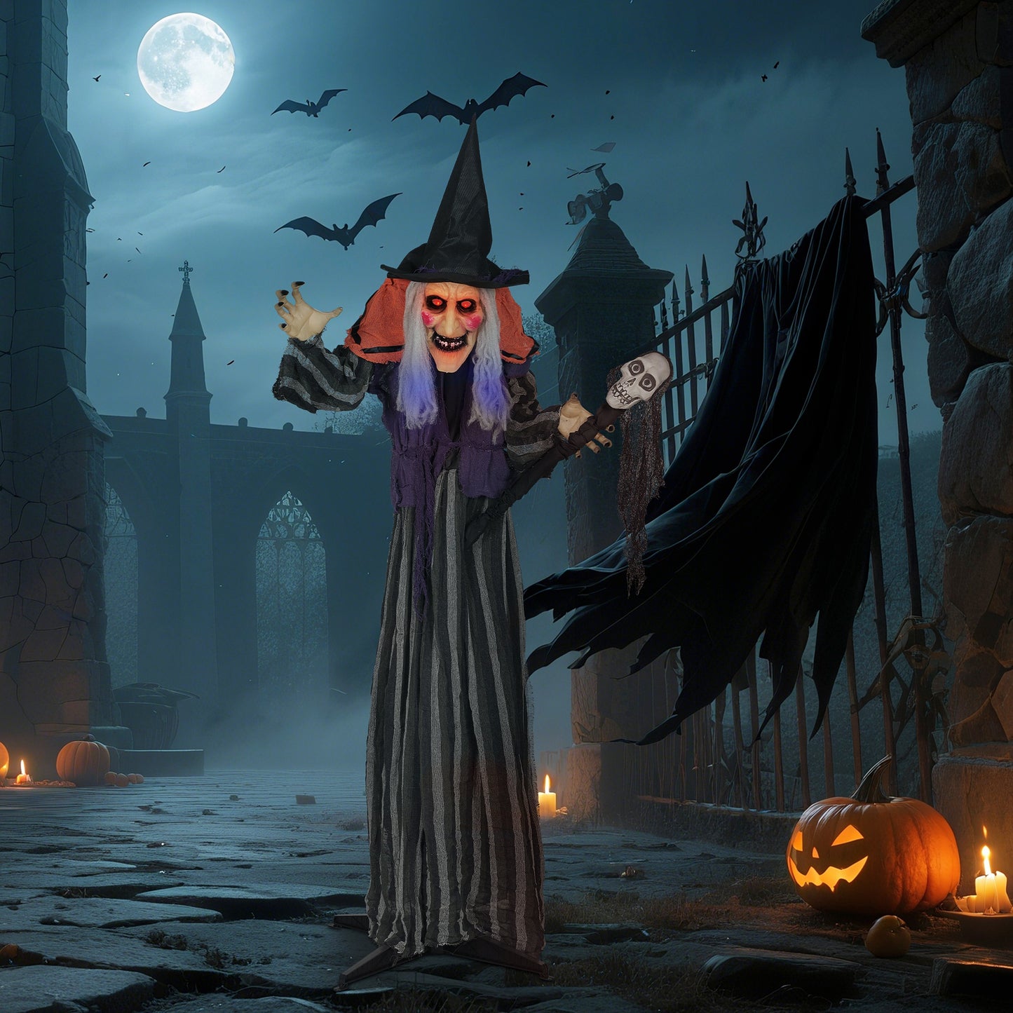 Outsunny 160 cm Halloween Dekoration Halloween Hexe mit LED-Lichter, Soundfunktion verstellbare Arme, Körper