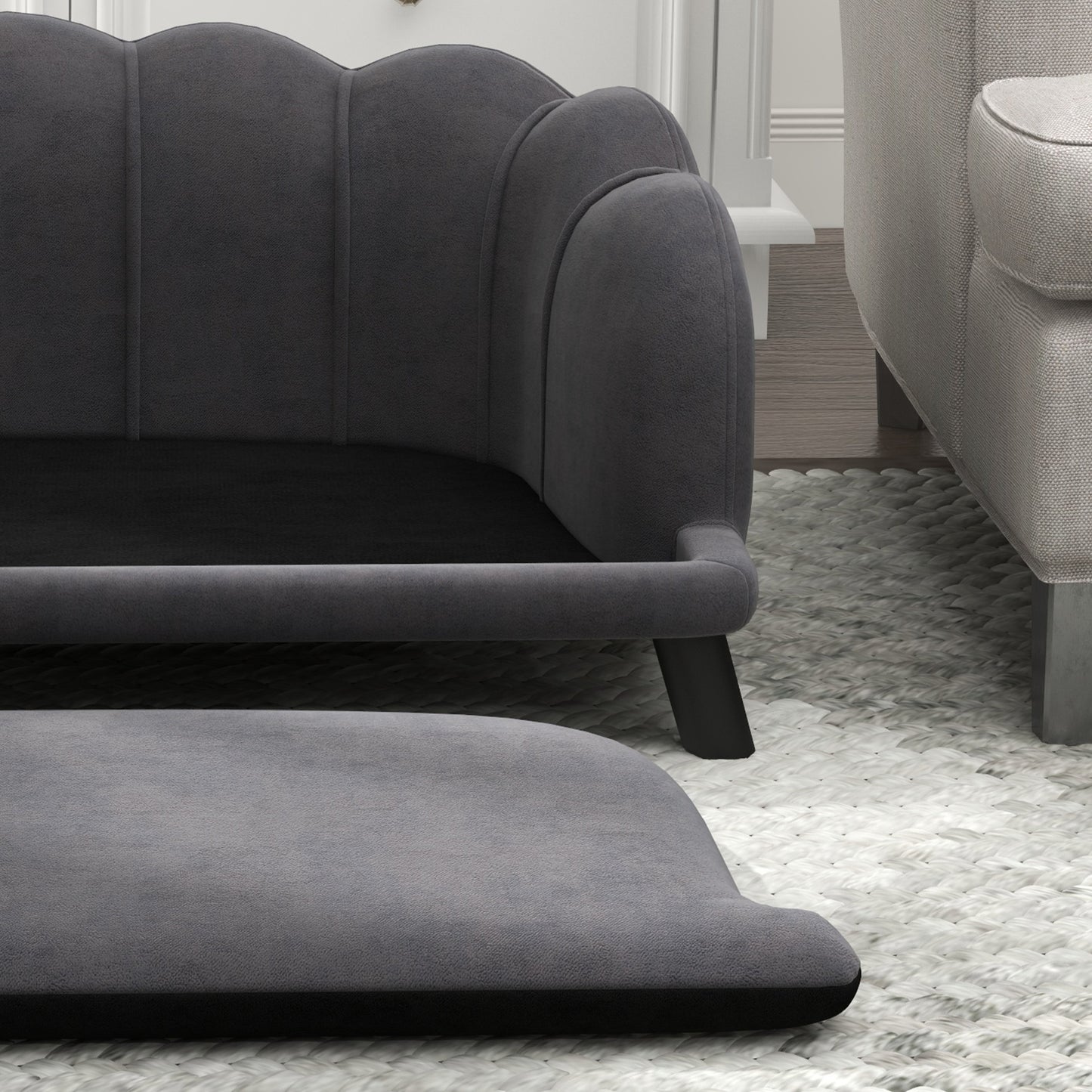 PawHut Hundesofa Hundecouch, Waschbarer Bezug, Haustiersofa mit Rückenlehne und Holzbeine, Katzensofa, für mittelgroße Hunde unter 25 kg, Dunkelgrau