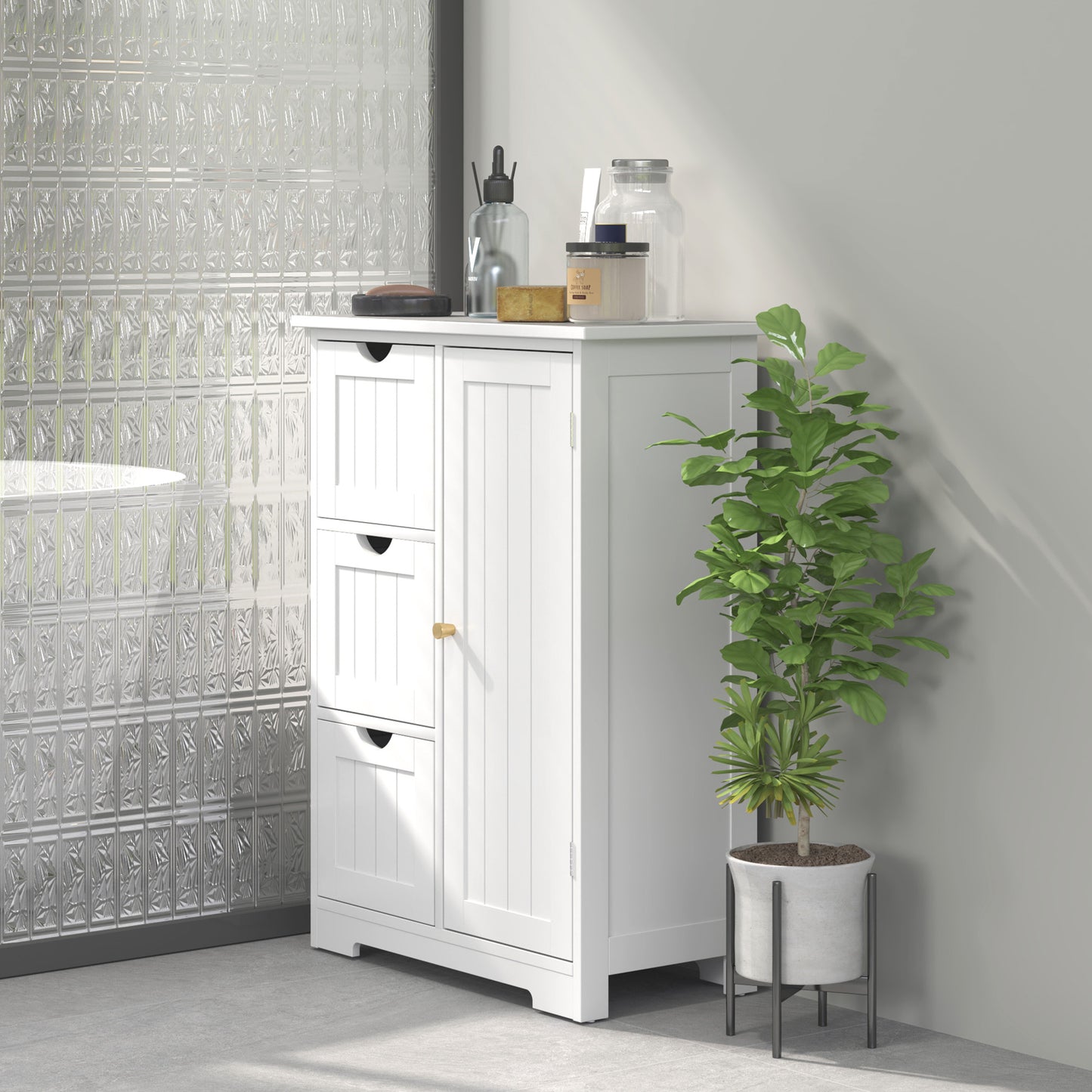 HOMCOM Badezimmerschrank, Badkommode, 3 Schubladen, Regal, MDF, Weiß