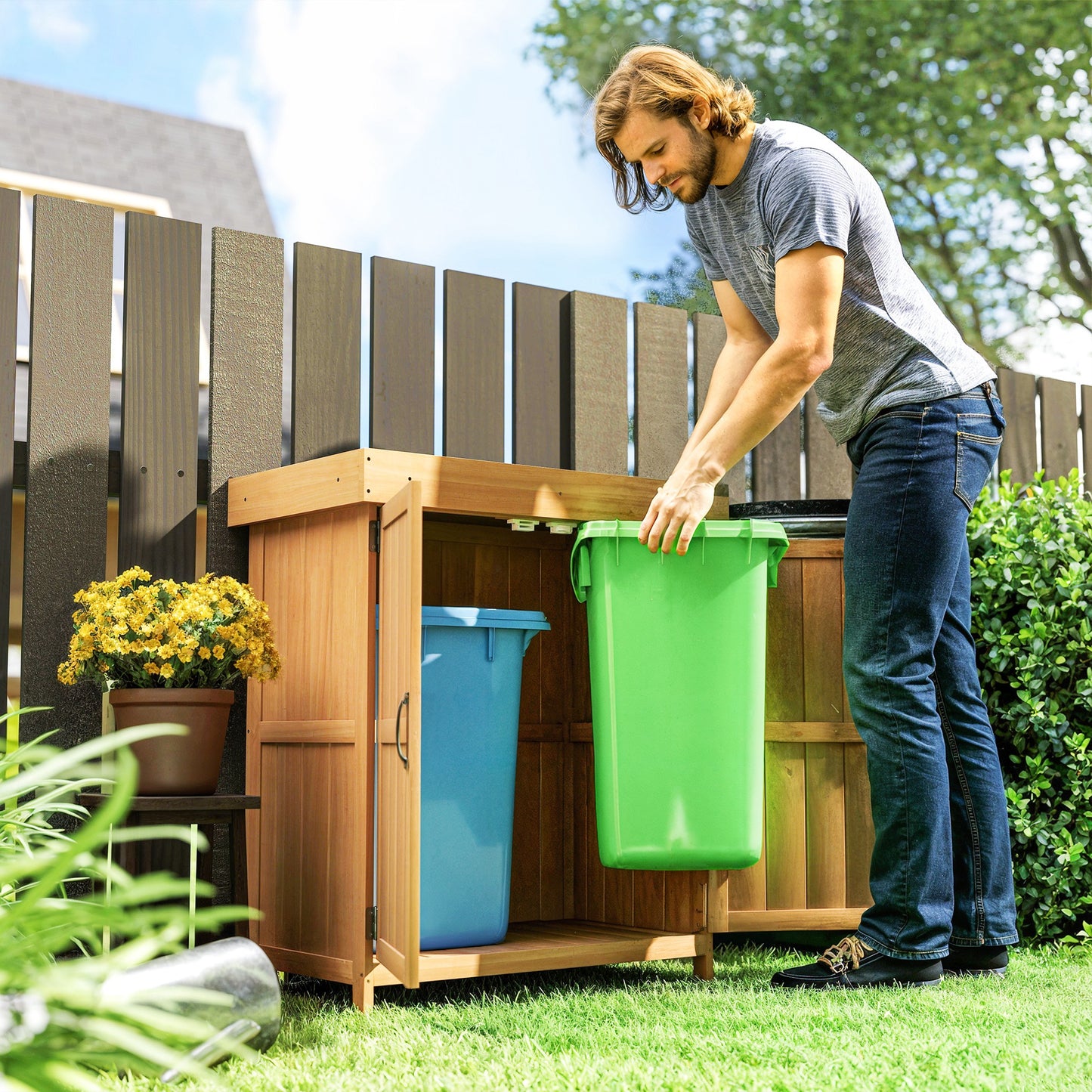 Outsunny Gartenschrank Tannenholz، Geräteschuppen wetterfest 74x43x88cm، Gerätehaus mit Doppeltür، 2 Fächern، Geräteschrank، Gartenhaus Werkzeugschrank Gartenschuppen für Garten، Terrasse، Natur