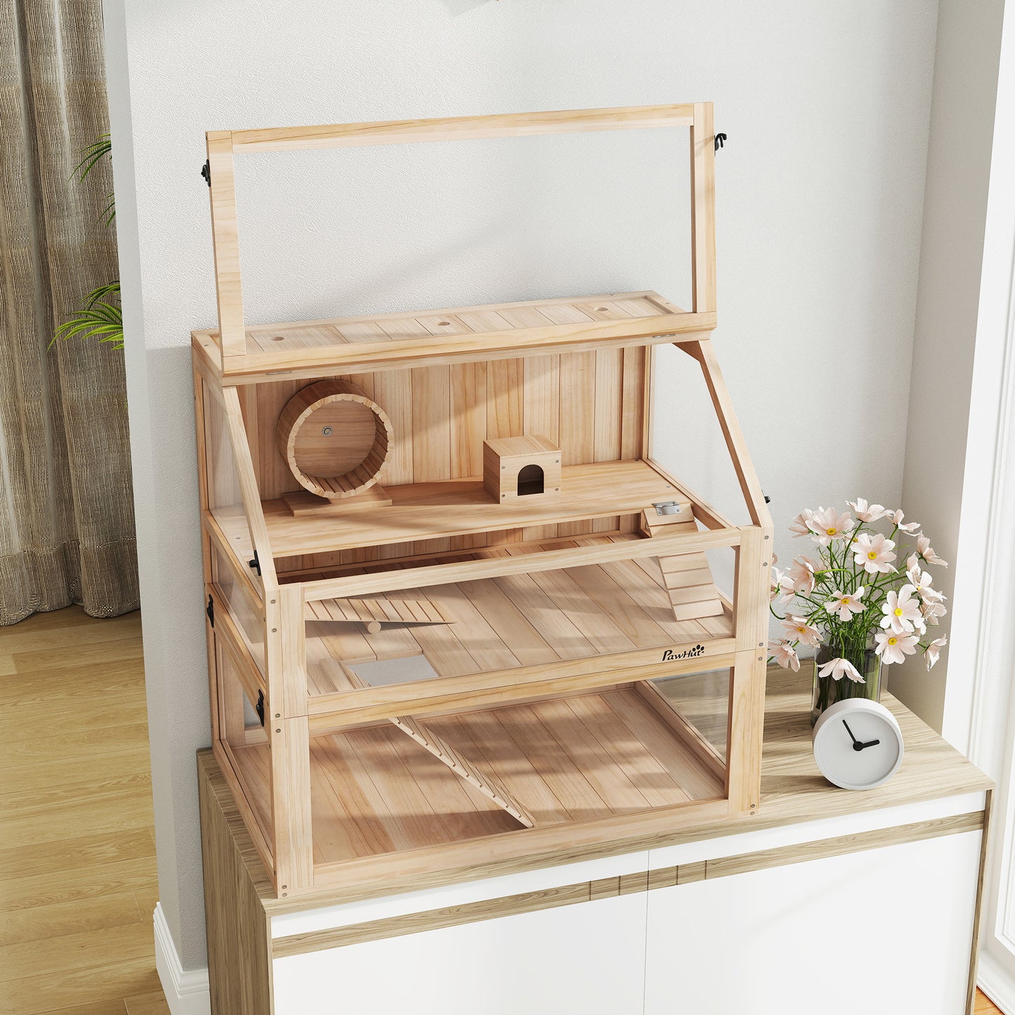 PawHut Hamsterkäfig aus Holz 3 Etagen Nagarium Nagerkäfig mit klappbarem Deckel Laufrad 80 x 50 x 76 cm Naturholz