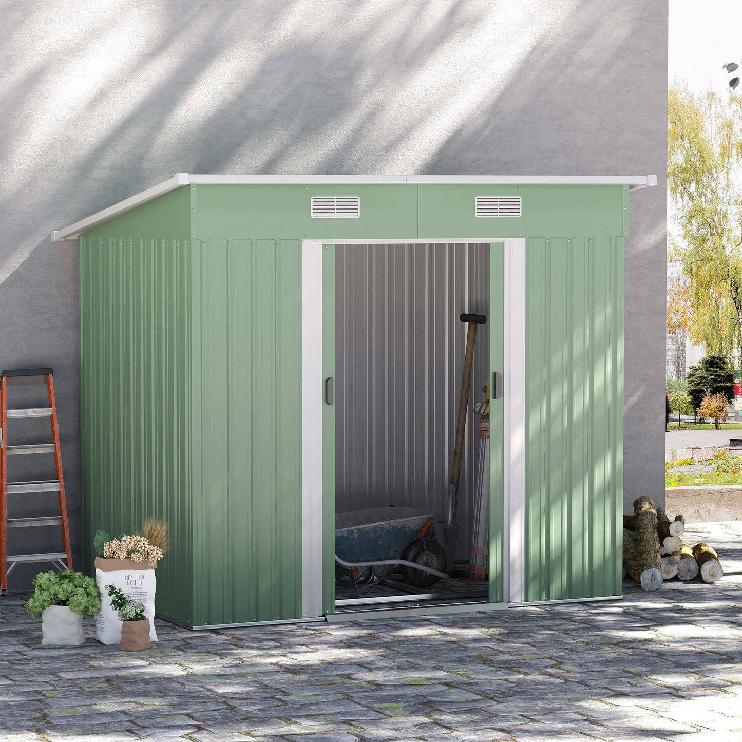 Outsunny Gerätehaus Metall 2,3 m² 207 x 130 x 182 cm Geräteschuppen mit Pultdach Fenster Bodenrahmen Grün