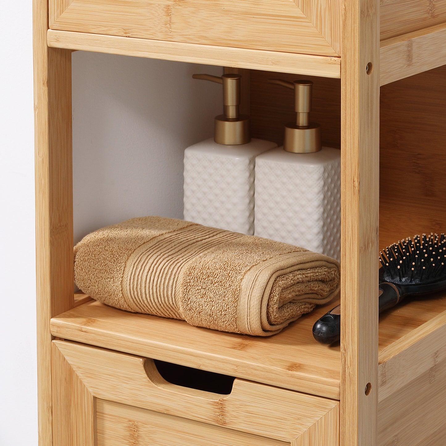 kleankin Badezimmerschrank aus Bambus, 1 Regal, 2 Schubladen, 30 cm x 30 cm x 90 cm; Natur