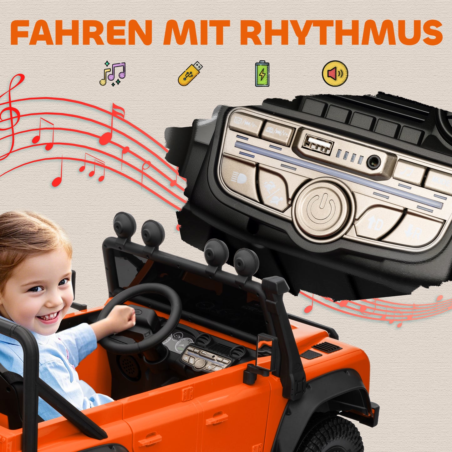 AIYAPLAY Kinder-Elektroauto, 12V Batterie-Betrieb, Fernbedienung, Musik-Funktion, Hupe, LED-Lichter, Orange