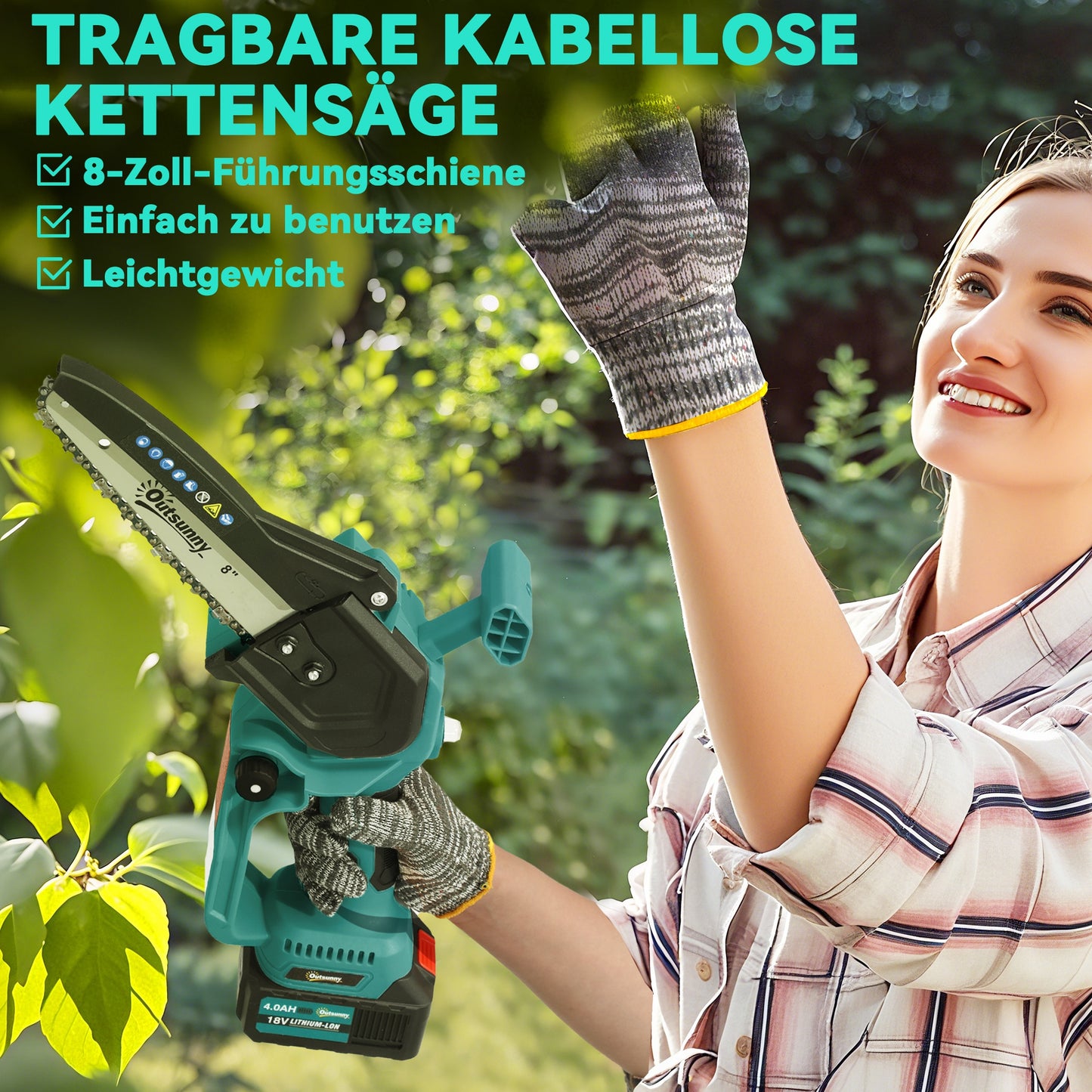 Outsunny 2-in-1 Mini Kettensäge 580W mit Akku 8000mAh Sicherheitsverriegelung 8 Zoll 42 x 29 x 10,5 cm Blau