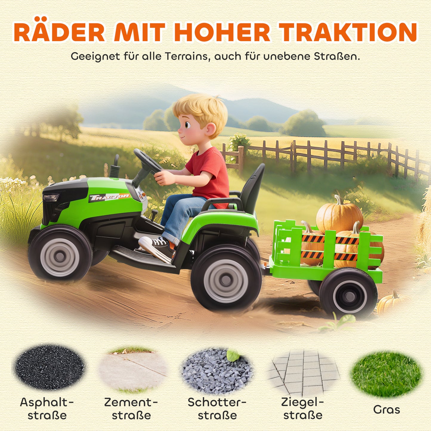 AIYAPLAY Elektrischer Kindertraktor, Aufsitz-Traktor mit Fernbedienung, Soft-Start, für Kinder im Alter von 3-8 Jahren, Grün