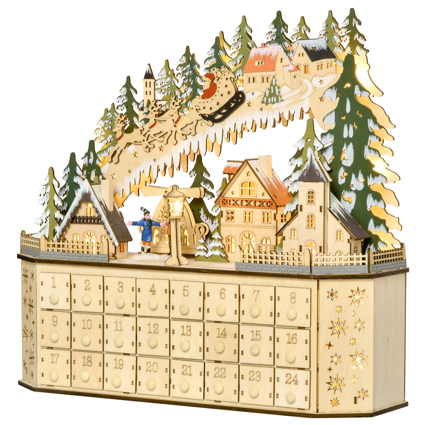 HOMCOM Adventskalender Weichnachtsdekoration Weihnachtsdeko, 24 Schubladen, LED-Lichter, 39 cm x 9 cm x 42 cm, Weiß + Grün