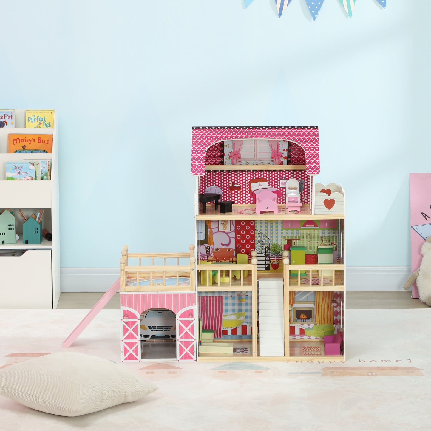 AIYAPLAY Puppenhaus, 3 Etagen, 13 Möbelstücke, Garage, Rutschen & Balkon, 114 x 32 x 92 cm, Rosa