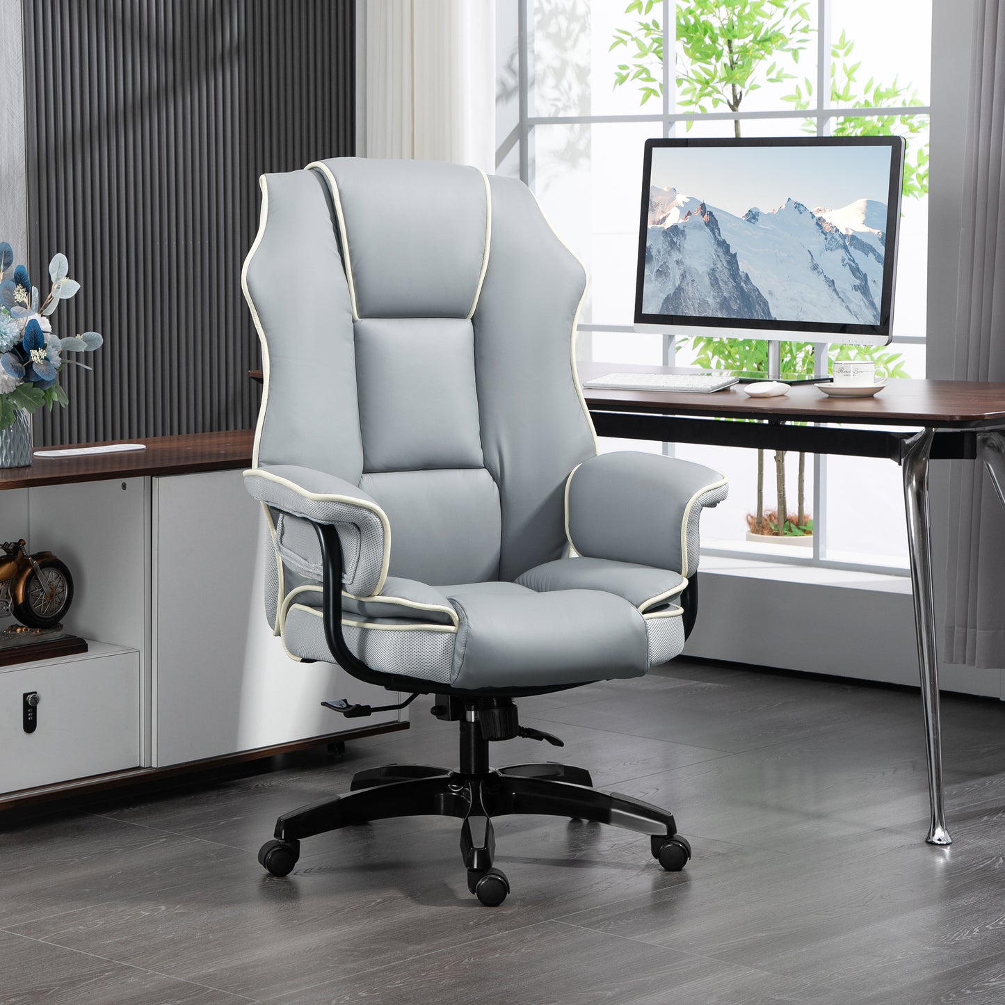 Vinsetto Ergonomischer Bürostuhl, extra gepolstert, Liegefunktion, Kunstleder, 76x80x118-124 cm, Hellgrau