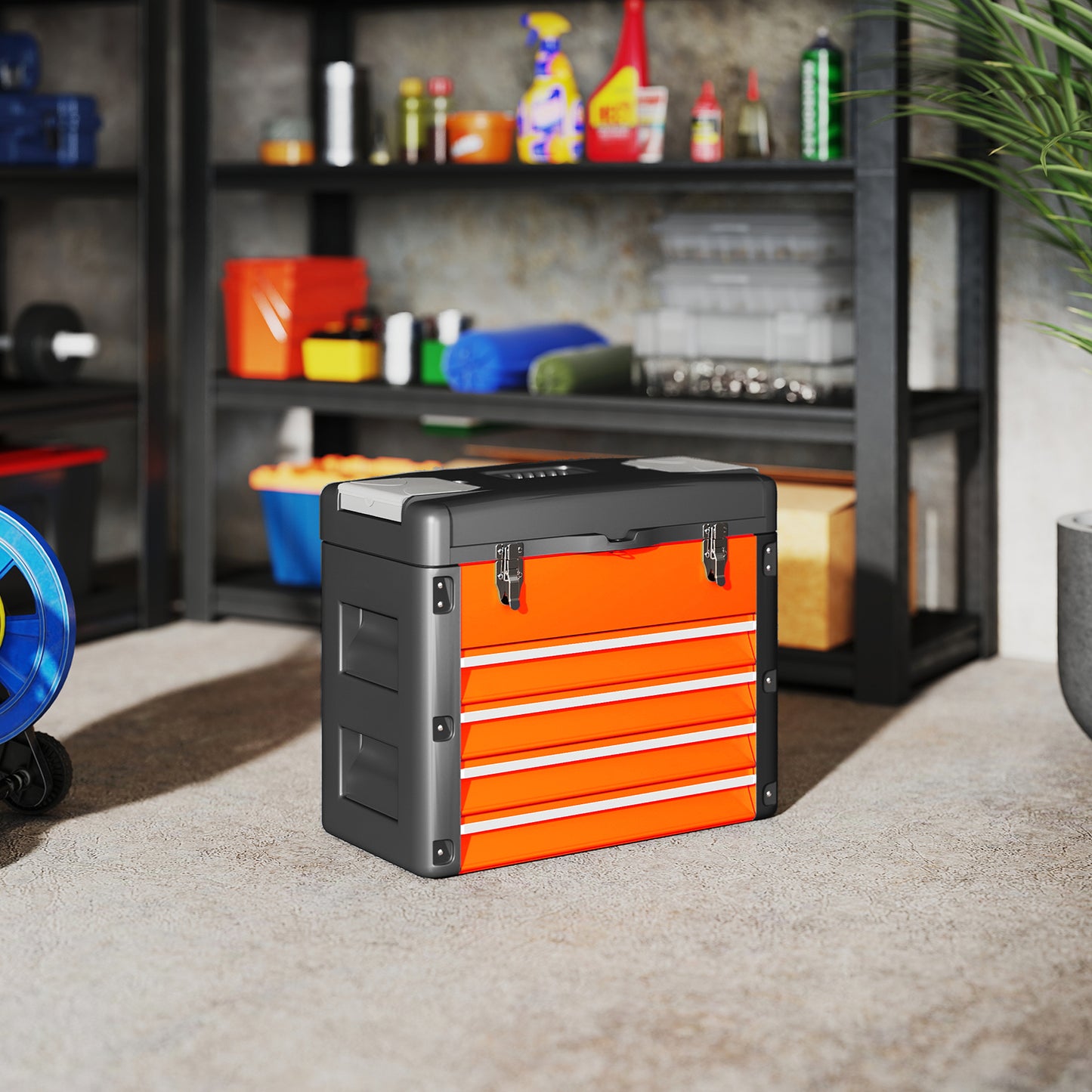 HOMCOM Werkzeugkiste leer, 49,7 x 25,3 x 40,7 cm Werkzeugkasten mit 4 Schubladen, Mini-Box Stahl Orange
