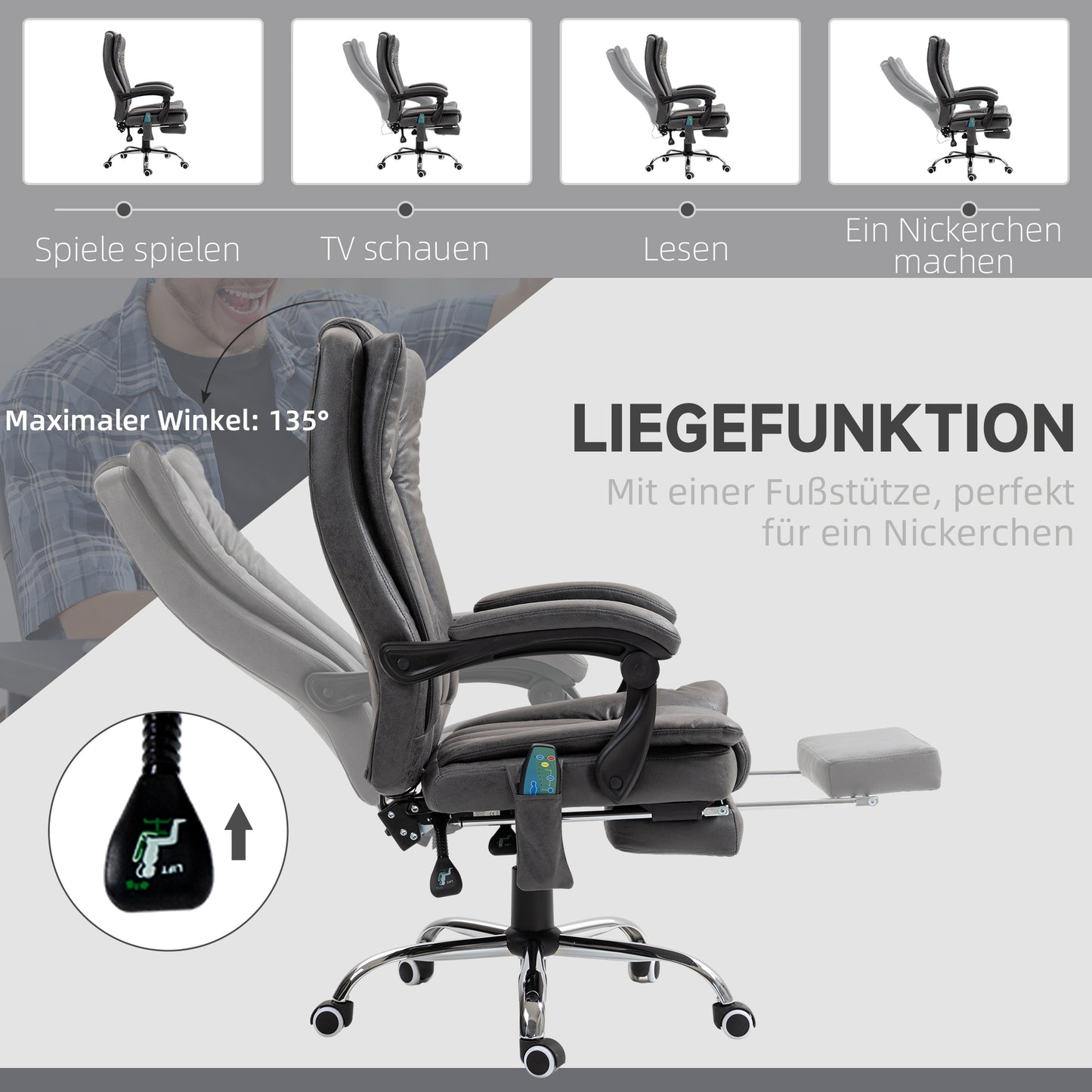 Vinsetto Chefsessel mit Massage- und Wärmefunktion، Fußstütze، verstellbar، مكرر 120 كجم، غراو
