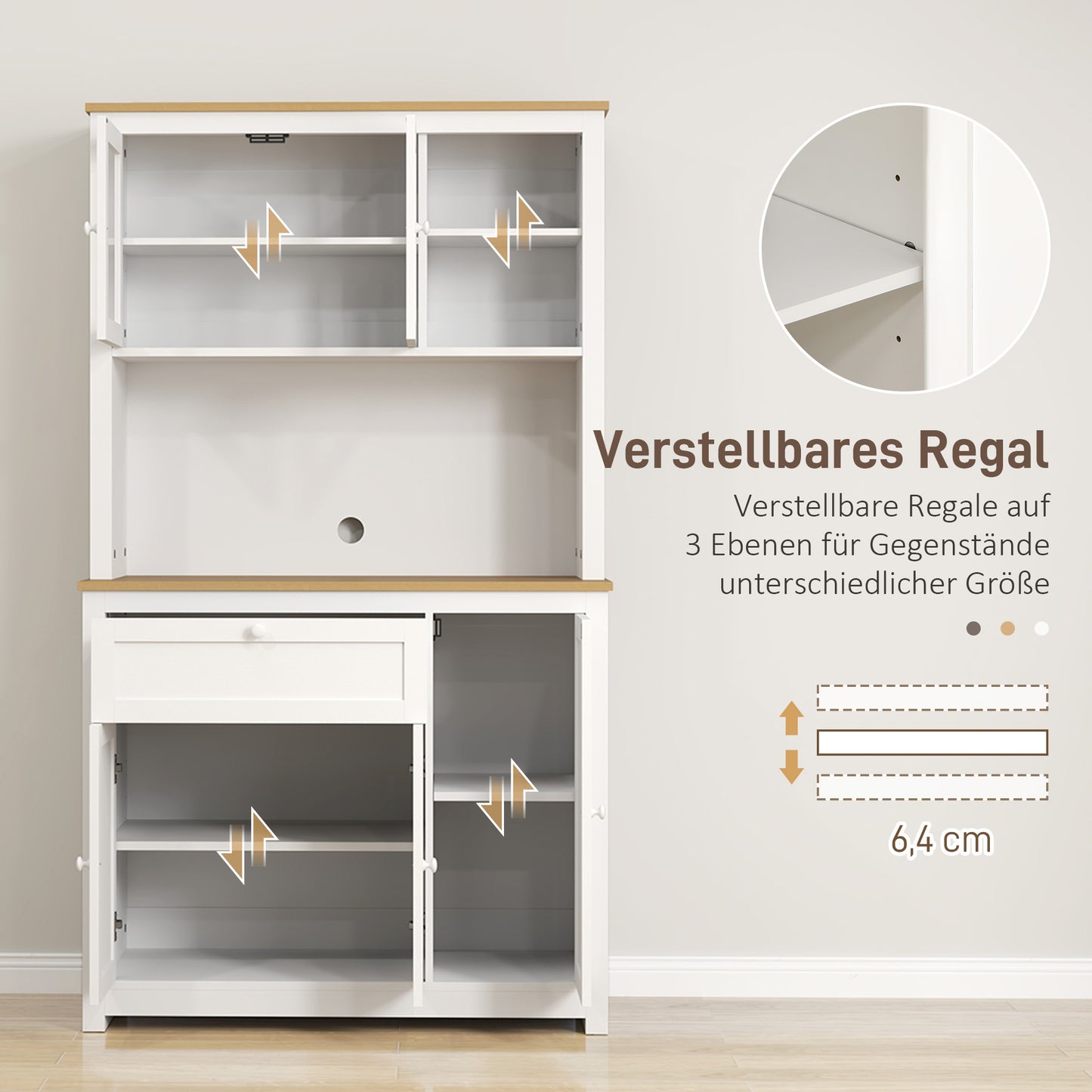 HOMCOM Küchenschrank im Landhausstil, 1 Vitrine, 1 offenes Regal, 1 Schublade, 2 Schränke, Natur + Weiß