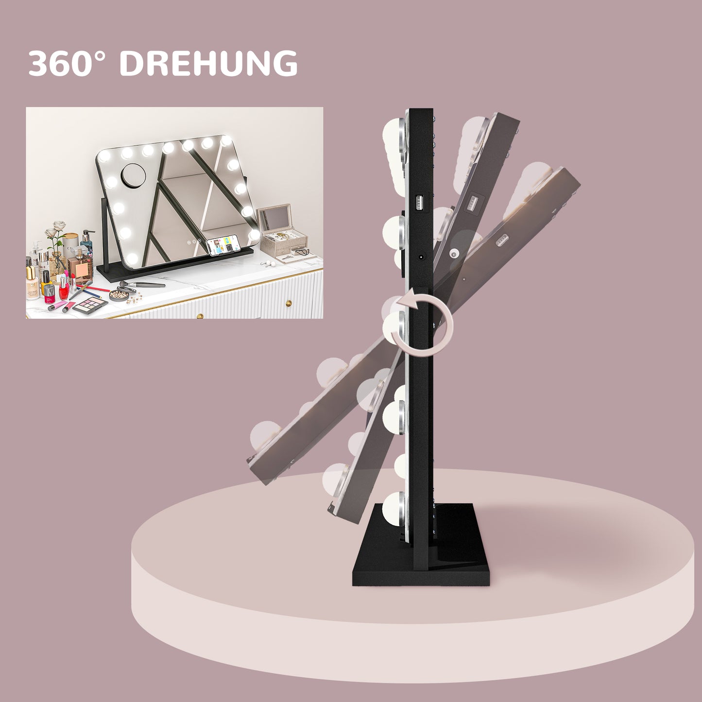 HOMCOM LED Kosmetikspiegel، 3 Lichtmodi، dimmbar، Touchsteuerung، USB، 62,5x49,5 سم، أسود