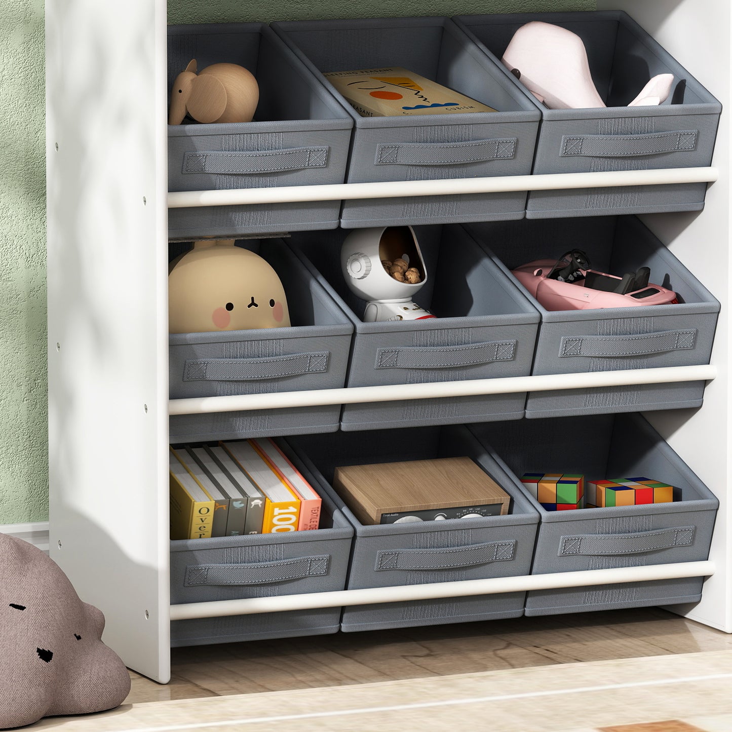 AIYAPLAY Kinder-Aufbewahrungsregal, Spielzeugschrank für Kinder mit 11 Stoffboxen, oberen Fächern, 3 Stickern, Weiß