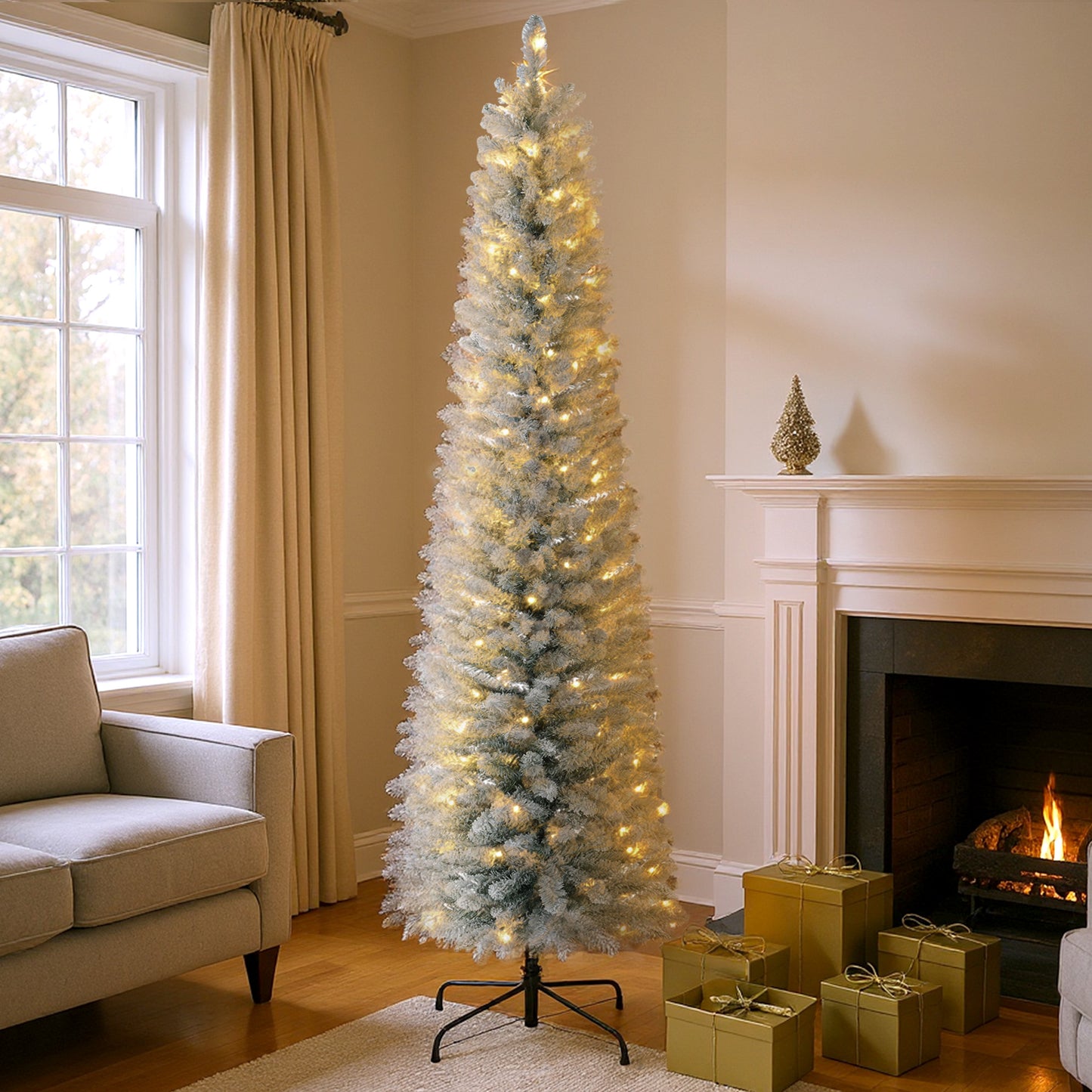 HOMCOM Weihnachtsbaum 210 cm, LED-Lichterkette, Kunstkette, flammhemmend, Metallbasis, Grün