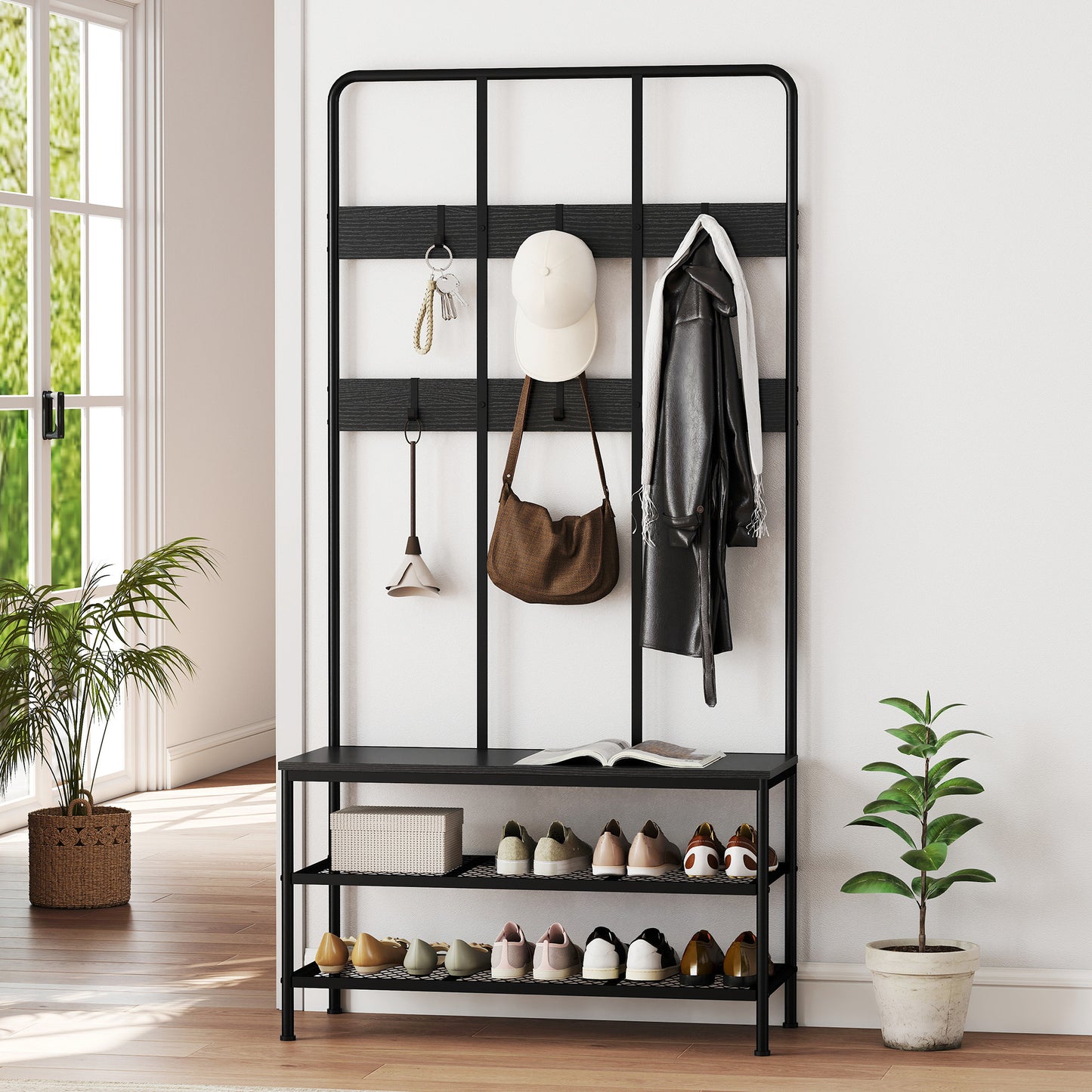 HOMCOM 3-in-1 Garderobenständer, Kleiderhaken, Sitzbank, Schuhregal, Metall, Spanplatte, Schwarz