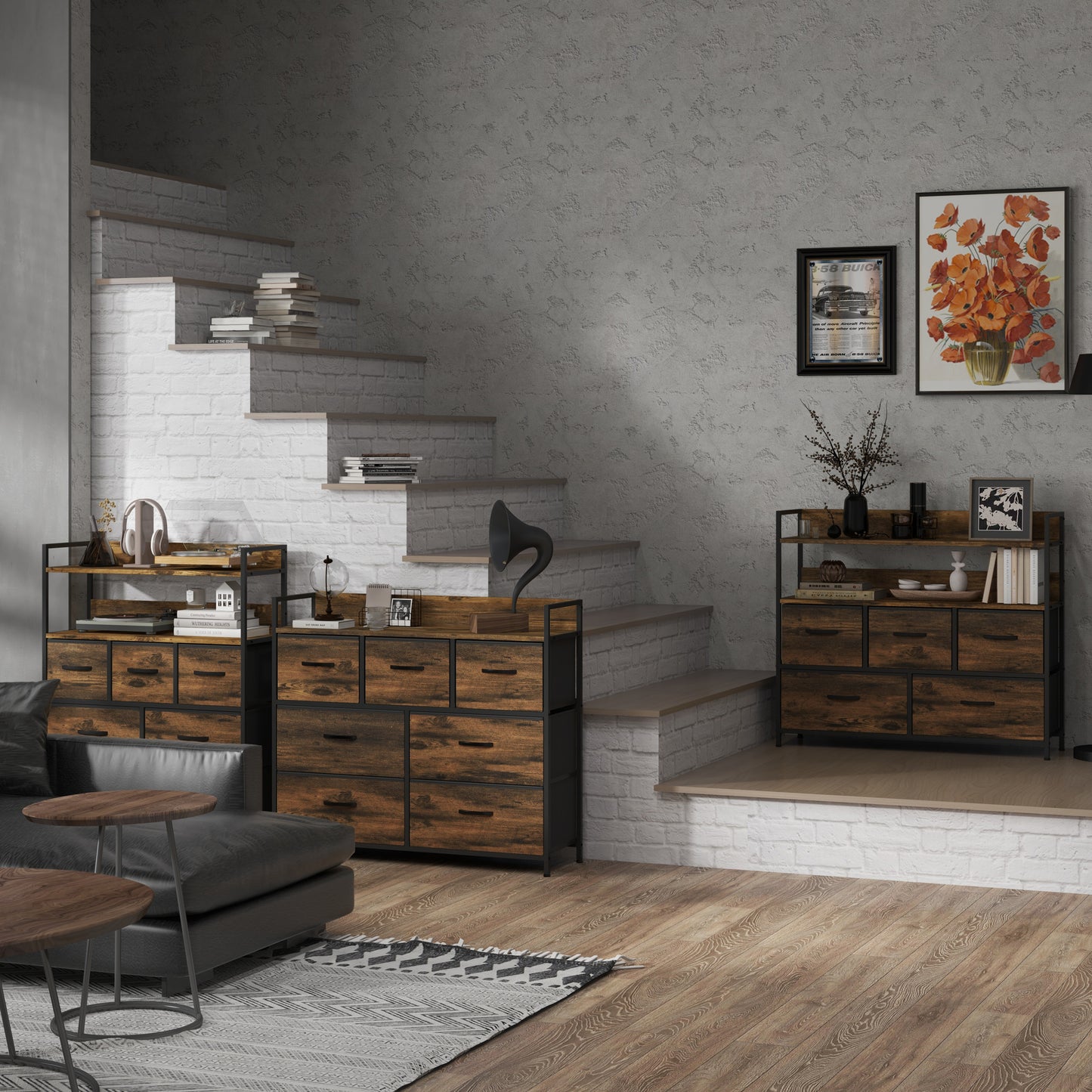 HOMCOM Kommode, Sideboard mit 7 Stoffschubladen, Industrial Design, Stahlrahmen, 98x29x85cm, Braun/Schwarz