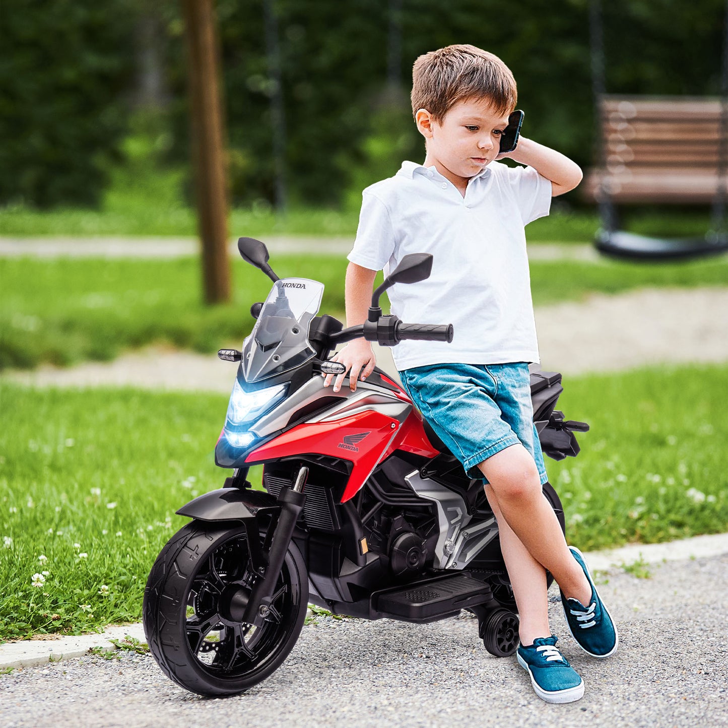 AIYAPLAY Elektro-Kindermotorrad, Honda, 3 km/h, Musik & Licht, 3-6 Jahre, bis 30 kg, Rot