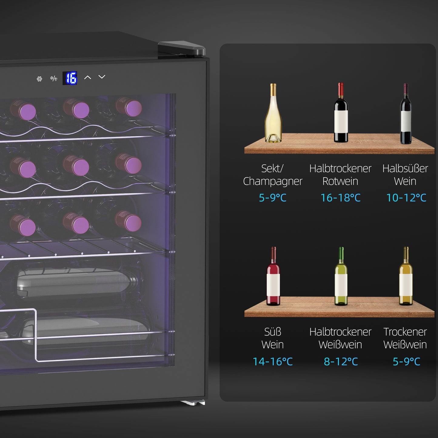 HOMCOM Freistehender Weinkühlschrank, 16 Flaschen, für Hausbar, Wohnzimmer, Küche Touchscreen, Glastür, LED-Beleuchtung
