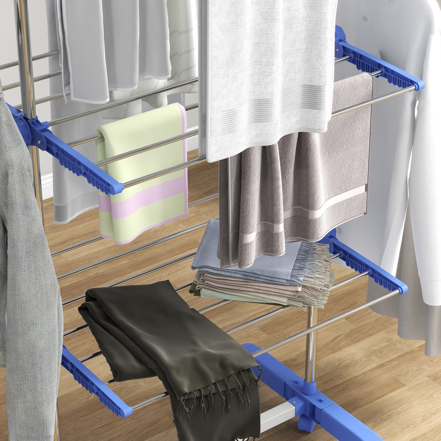 HOMCOM Wäschenständer Wäschetrockner. 4 Ebenen, klappbar, One-Klick-System, 142 cm x 55 cm x 152 cm Blau + Silber