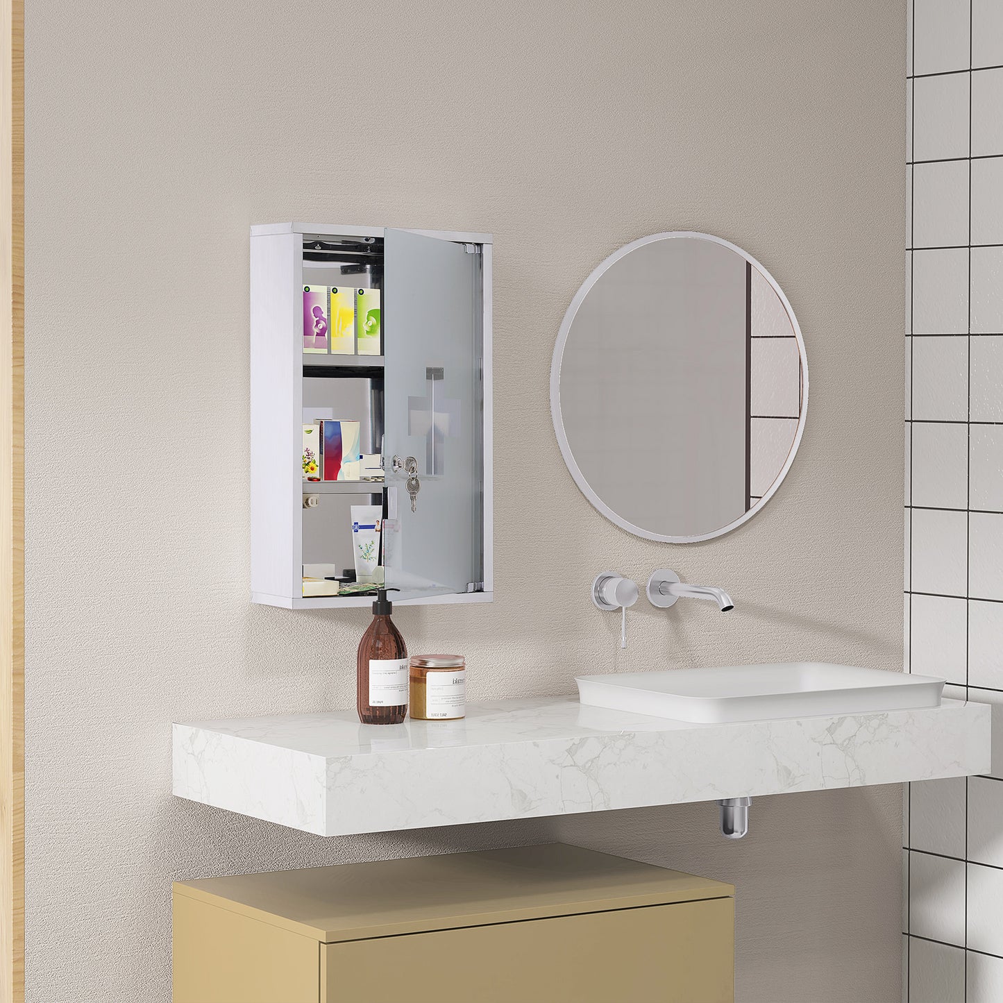 HOMCOM Medizinschrank Arzneischrank aus Edelstahl, Abschließbar Medikamentenschrank mit 3 Fächern, Glastür Apothekerschrank zur Medikamenten-Aufbewahrung, 30 x 18 x 50 cm