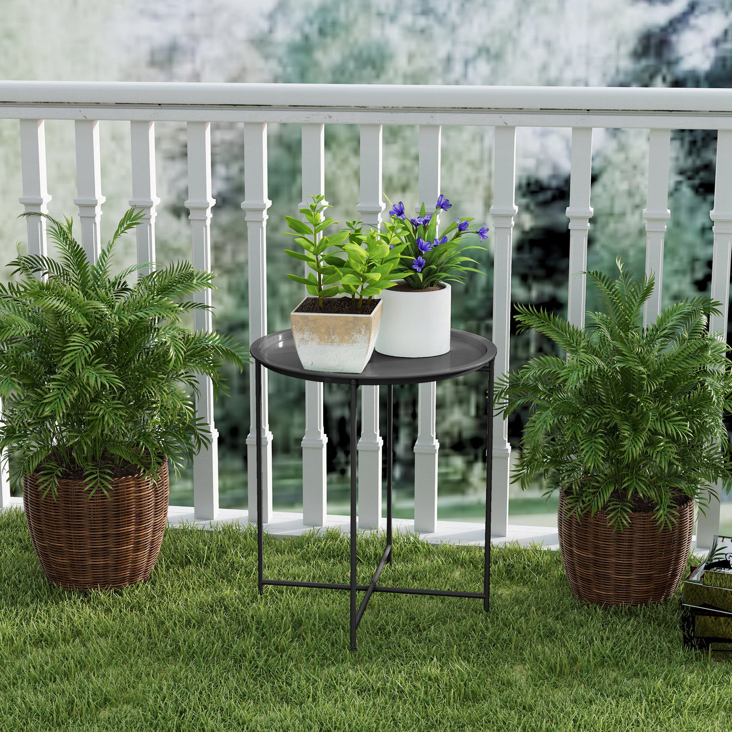 Outsunny Gartentisch, Runder Außen-Beistelltisch aus Stahl mit herausnehmbarem Tablett, faltbares Design, Terrassentisch, Schwarz