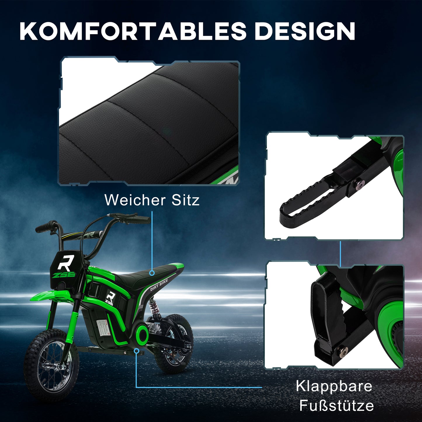 HOMCOM Elektro-Kindermotorrad, 24V Motor, einstellbare Geschwindigkeit, Musik & Lichter, Grün
