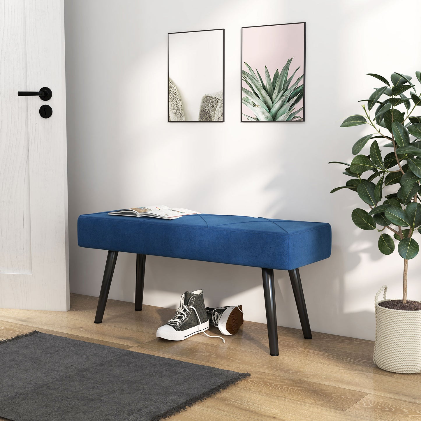 HOMCOM Sitzbank Polsterbank Bettbank, Samtoptik, 100 x 36 x 45 cm, Blau