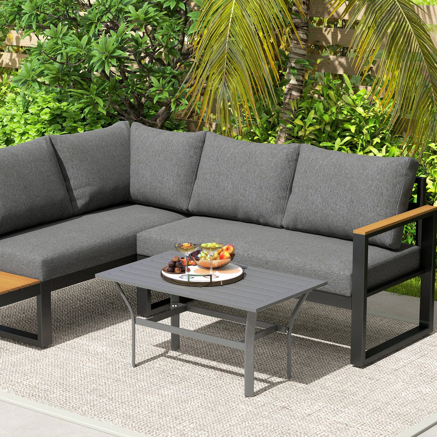 Outsunny Beistelltisch Metall Balkontisch mit Lamellendesign wetterfest Kaffeetisch Gartentisch 91,5 x 55 x 45 cm Dunkelgrau