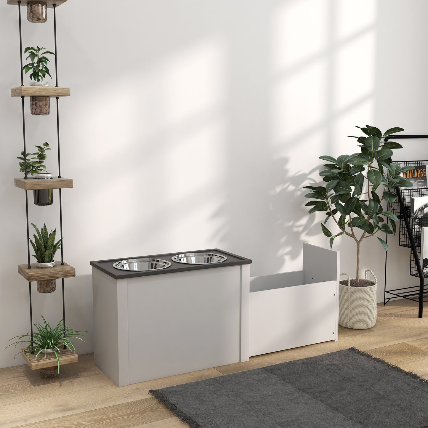 PawHut Futterstation Erhöhte Fressnäpfe 1 Stauraum 2 Edelstahl-Futternäpfe، 60 × 30 × 42 سم، Weiß + Grau
