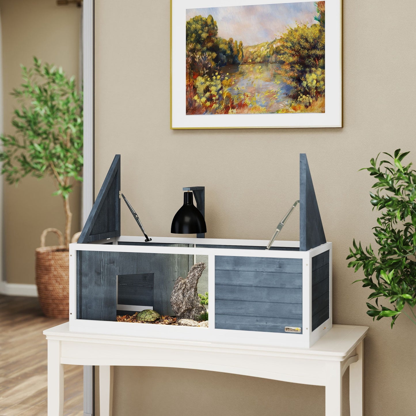 PawHut Schildkrötenhaus mit leicht zu öffnender Oberseite, Lampenvorrichtung, transparenter Front, 120 x 50 x 40 cm, Grau