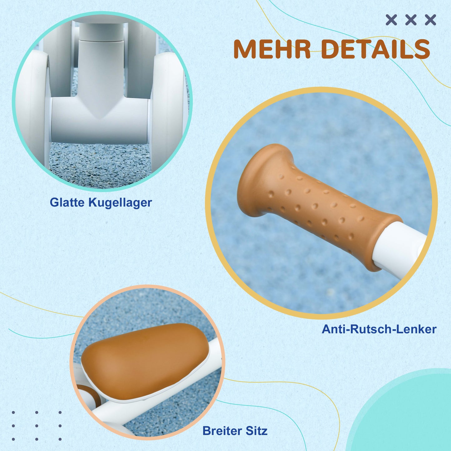 AIYAPLAY Laufrad, verstellbarer Sitz, Flüsterräder, für 1-3 Jahre, bis 20 kg, Braun/Weiß