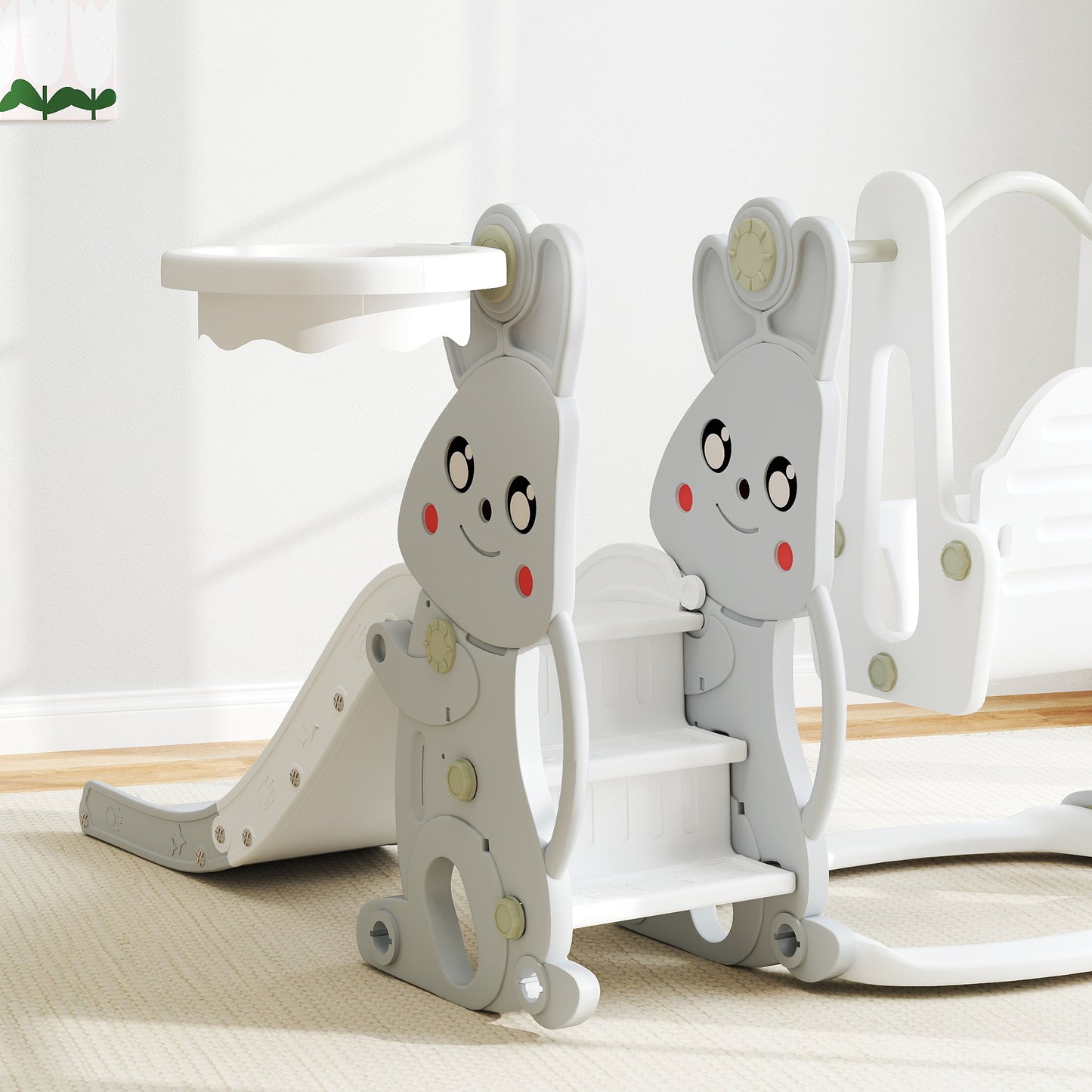 AIYAPLAY 4-in-1 Spielset für Kleinkinder, Rutsche, Schaukel, Klettergerüst, Basketballkorb, Kunststoff, Hasendesign, Grau