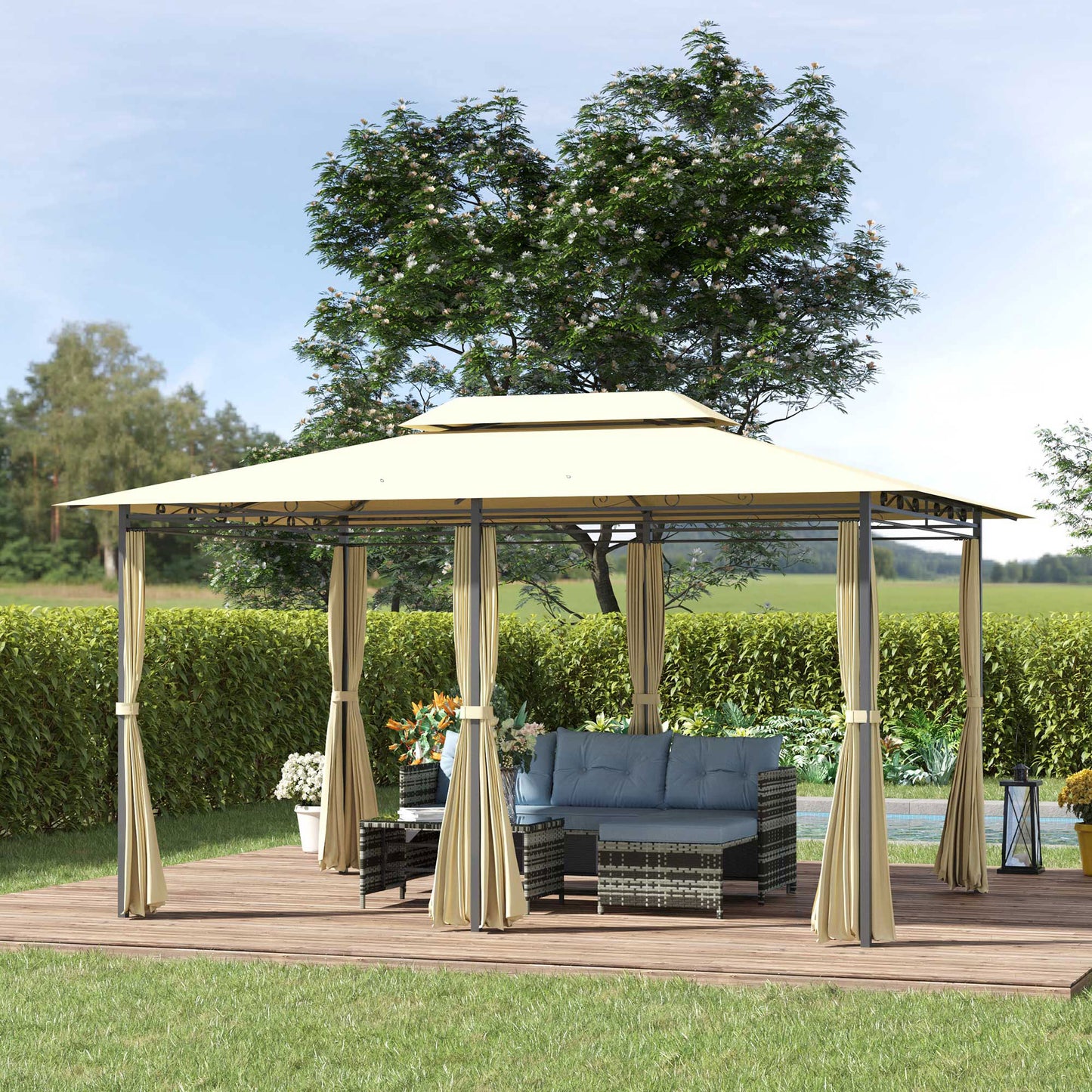 Outsunny Pavillon 3x4m Gartenpavillon mit 6 Seitenteilen Partyzelt Gartenzelt Festzelt mit Doppeldach Beige+Schwarz
