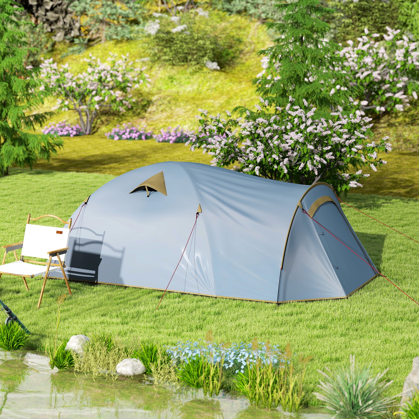 Outsunny Campingzelt für 4 Personen, wasserdicht Tunnelzelt mit 2 Türen Haken Packtasche 3,45 x 2,4 x 1,3 m Hellblau