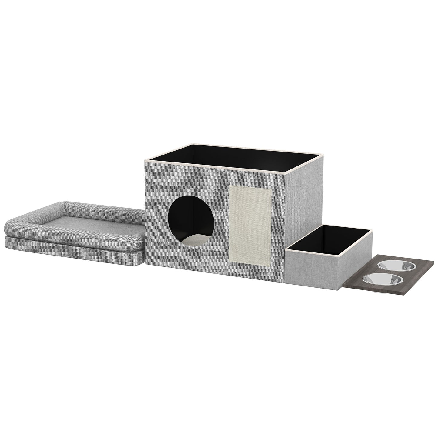 PawHut Katzenhaus, Futterplatz mit 2 Edelstahlnäpfen, Kratzmatte, weiches Liegekissen, 78 x 48 x 49,5 سم, غراو