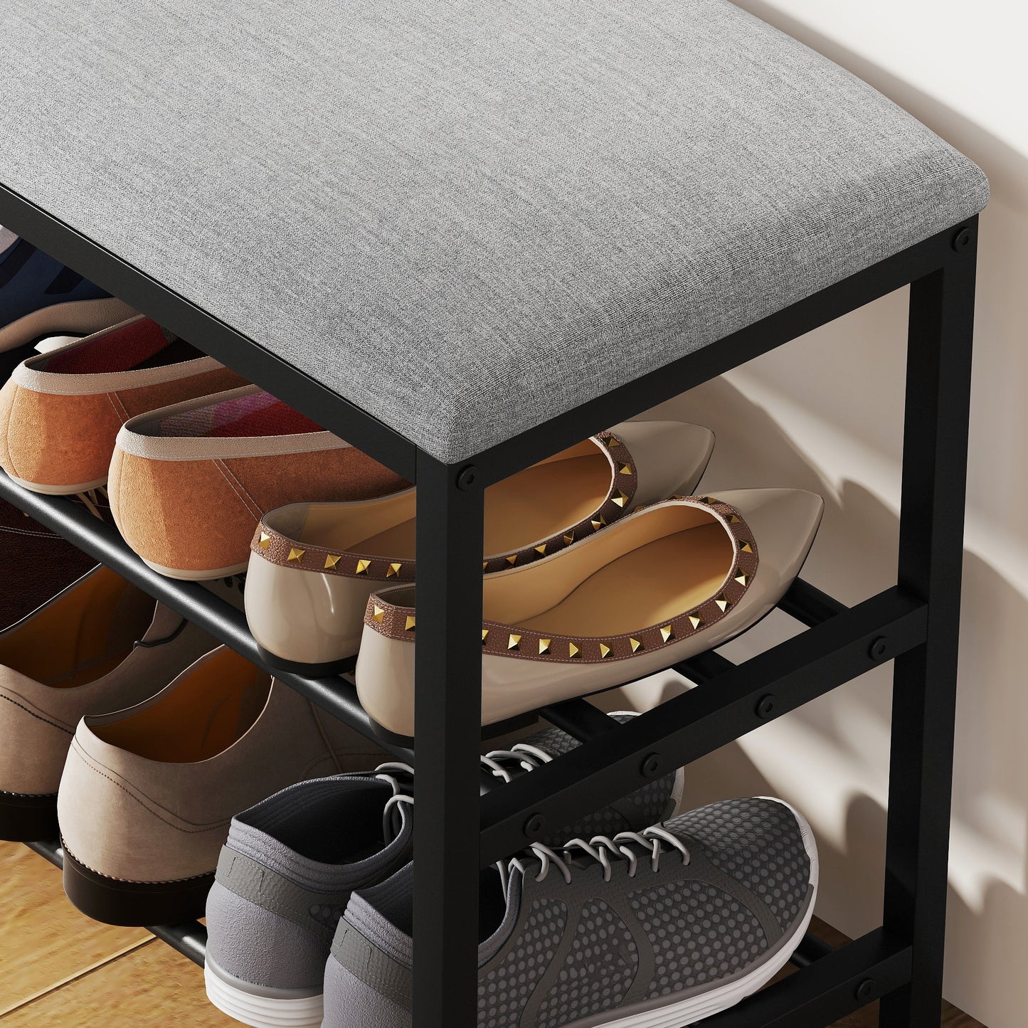 HOMCOM Schuhbank mit Sitzfläche, Sitzbank mit Stauraum, Schuhregal mit 2 offene Fächer, Sitzbank 81 x 31 x 50 cm Schwarz