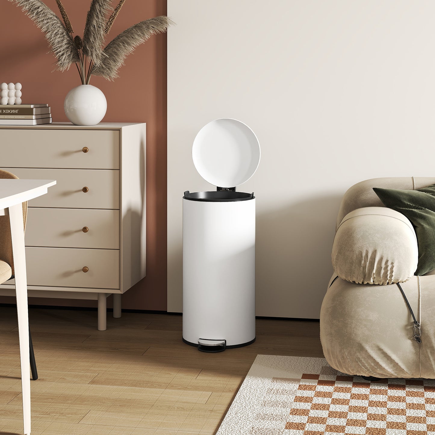 HOMCOM Mülleimer 30L, Treteimer, einrastbarer Deckel, Pedal, fleckenresistent, Cremeweiß