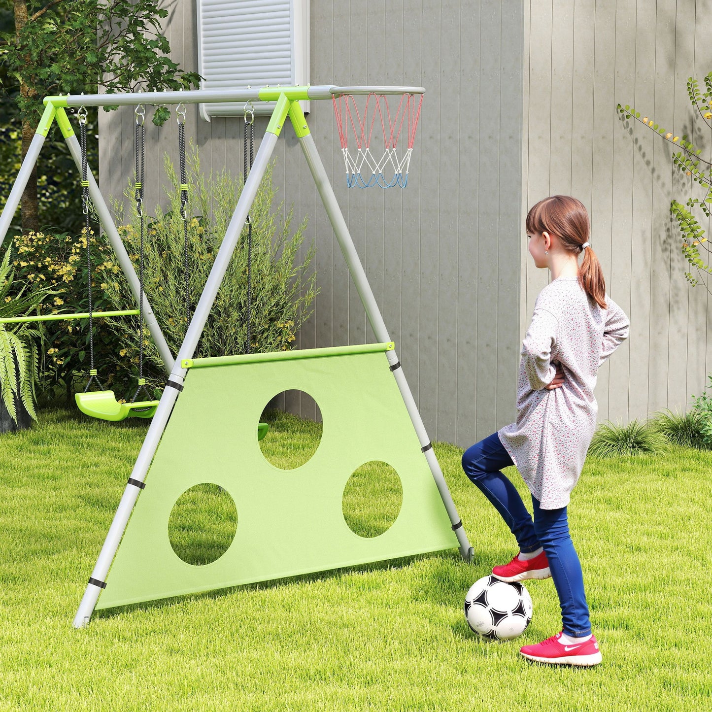 AIYAPLAY Schaukelset für Kinder، 2 Schaukelsitze، 1 Basketballkorb، 1 Fußballtor، Metallrahmen، Grün