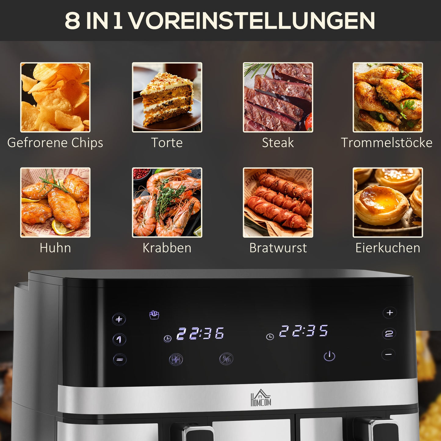 HOMCOM Heißluftfriteuse Friteuse, 2700 W, 8 Einstellungen, 41,8 cm x 39,2 cm x 31,1 cm, Schwarz + Silber