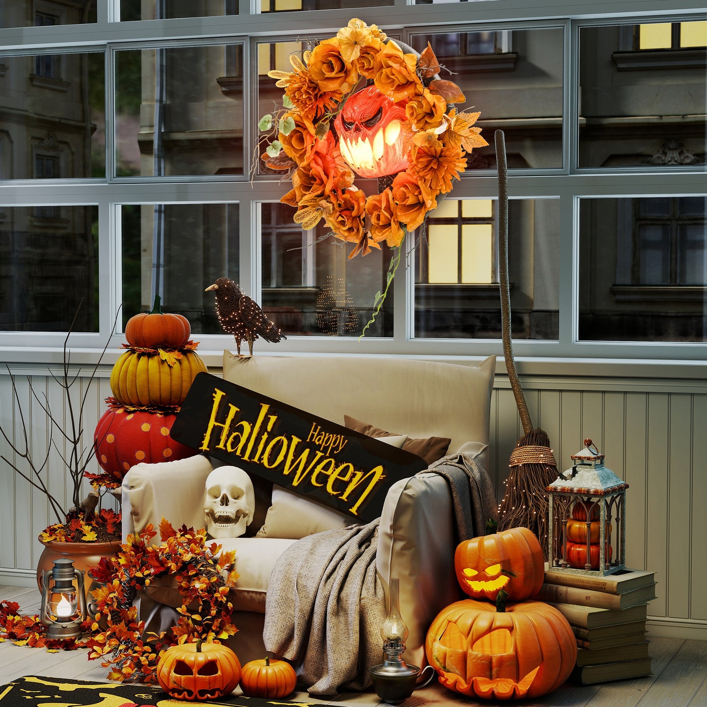 Outsunny Halloween-Kranz, Grusel-Kürbis-Design, Herbstblätter, Lichteffekte, Kunststoff