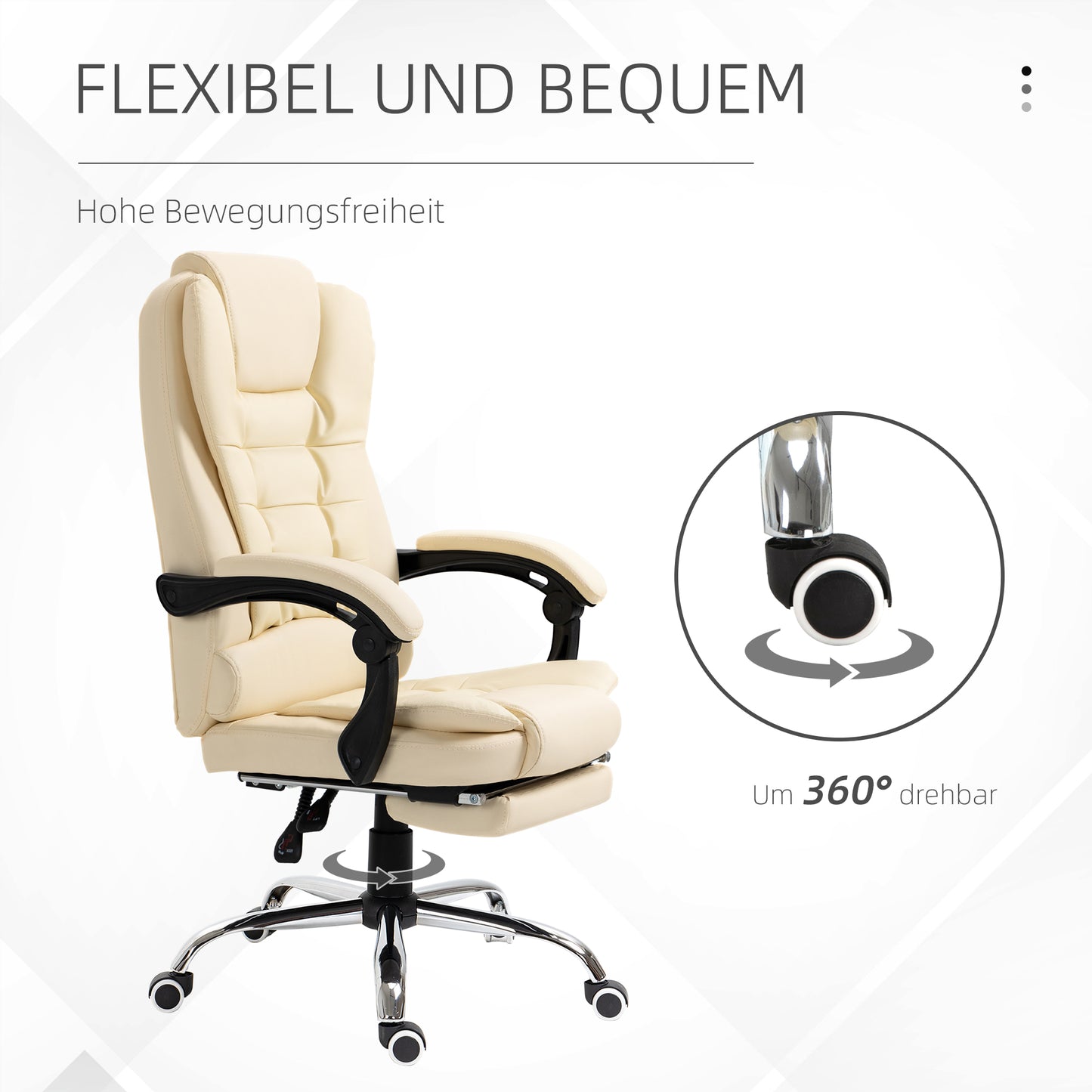 HOMCOM Burostuhl mit Fußstütze، Schreibtischstuhl، verstellbare Rückenlehne، höhenverstellbar، Creme + Schwarz + Silber