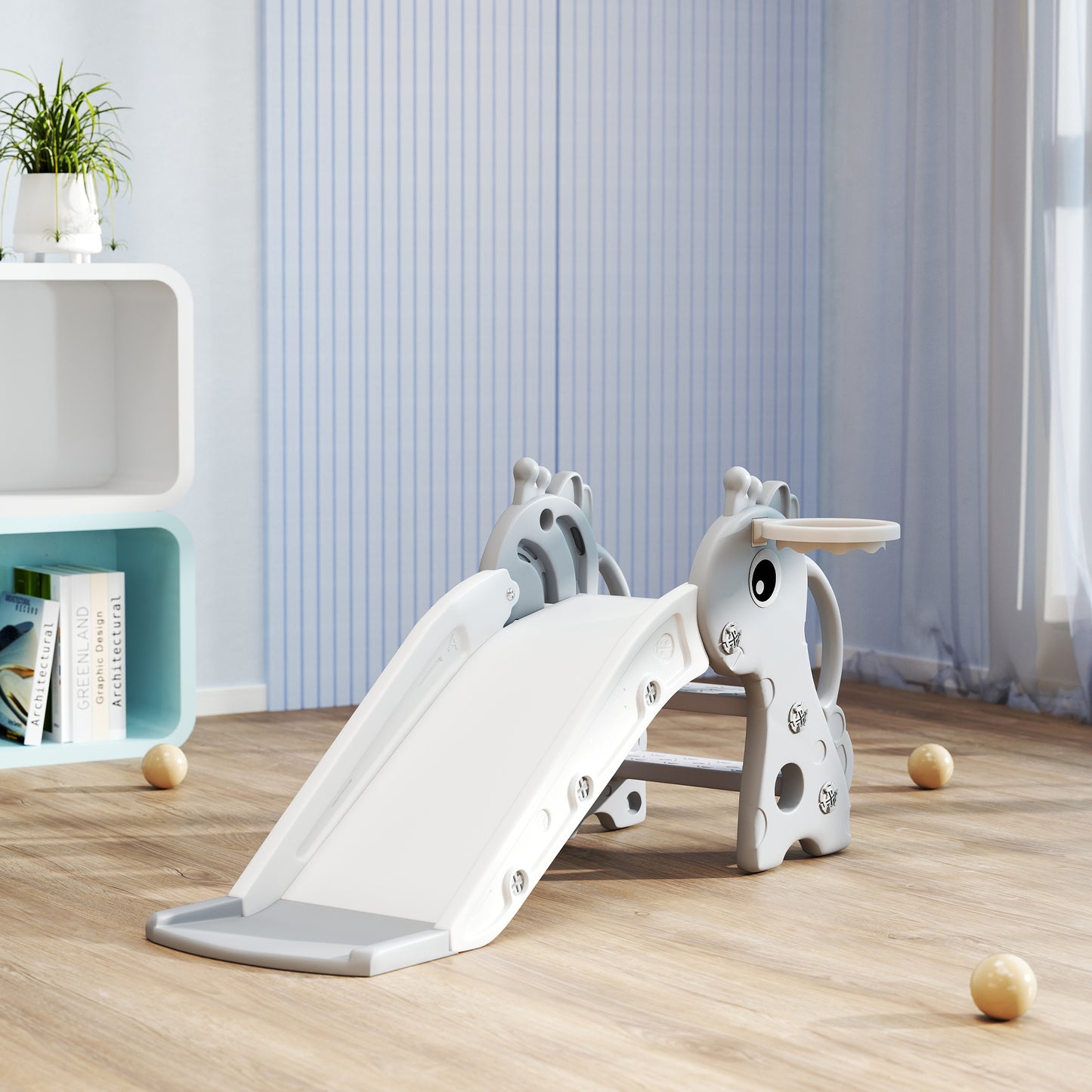 AIYAPLAY 3-i-1 Rutsche für Kinder, Giraffenform, Basketballkorb, Ball, Grau
