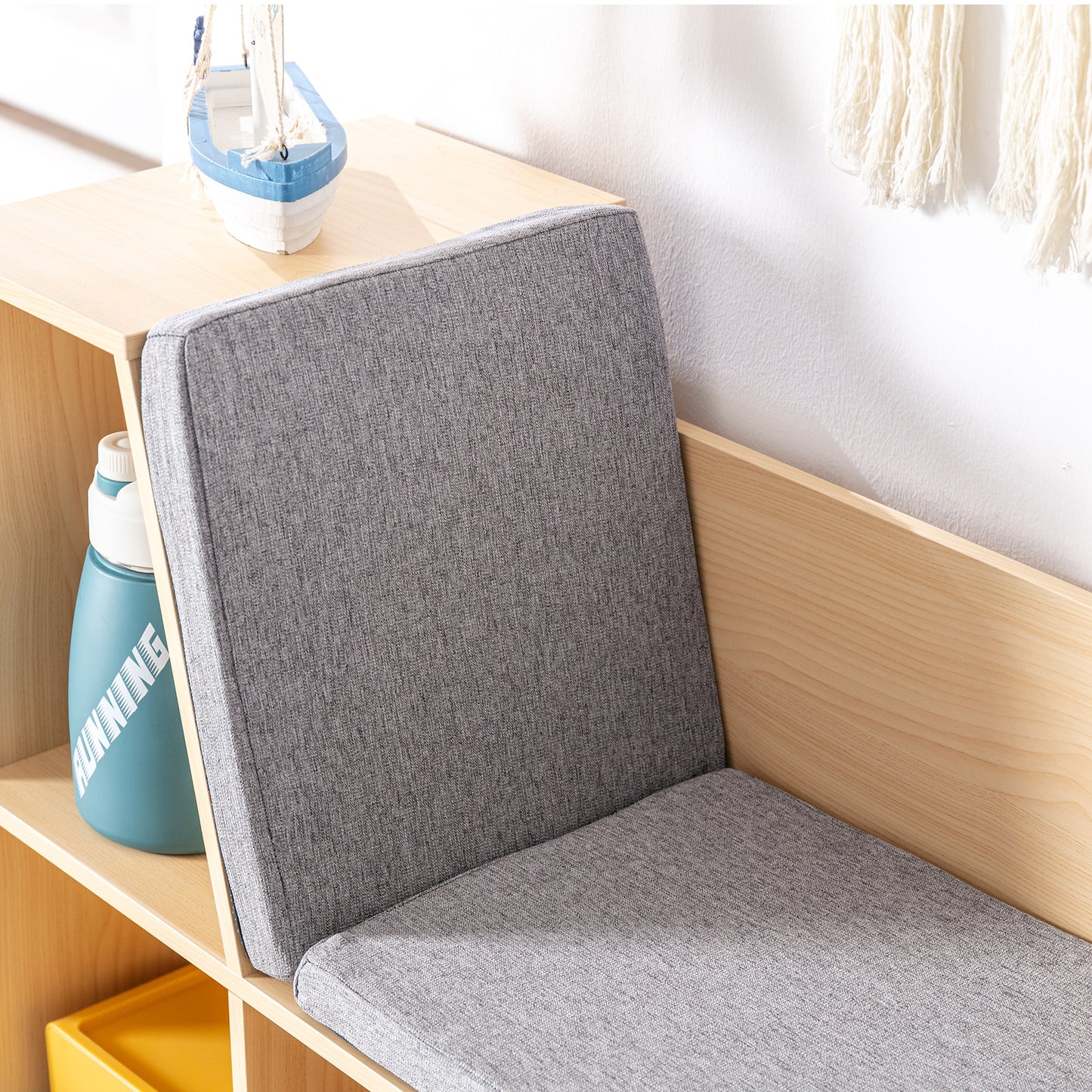 HOMCOM 2-in-1 Kinderregal Regal + Sitzbank inkl. Polster 103 cm × 30 cm × 62 cm Weiß + Grau