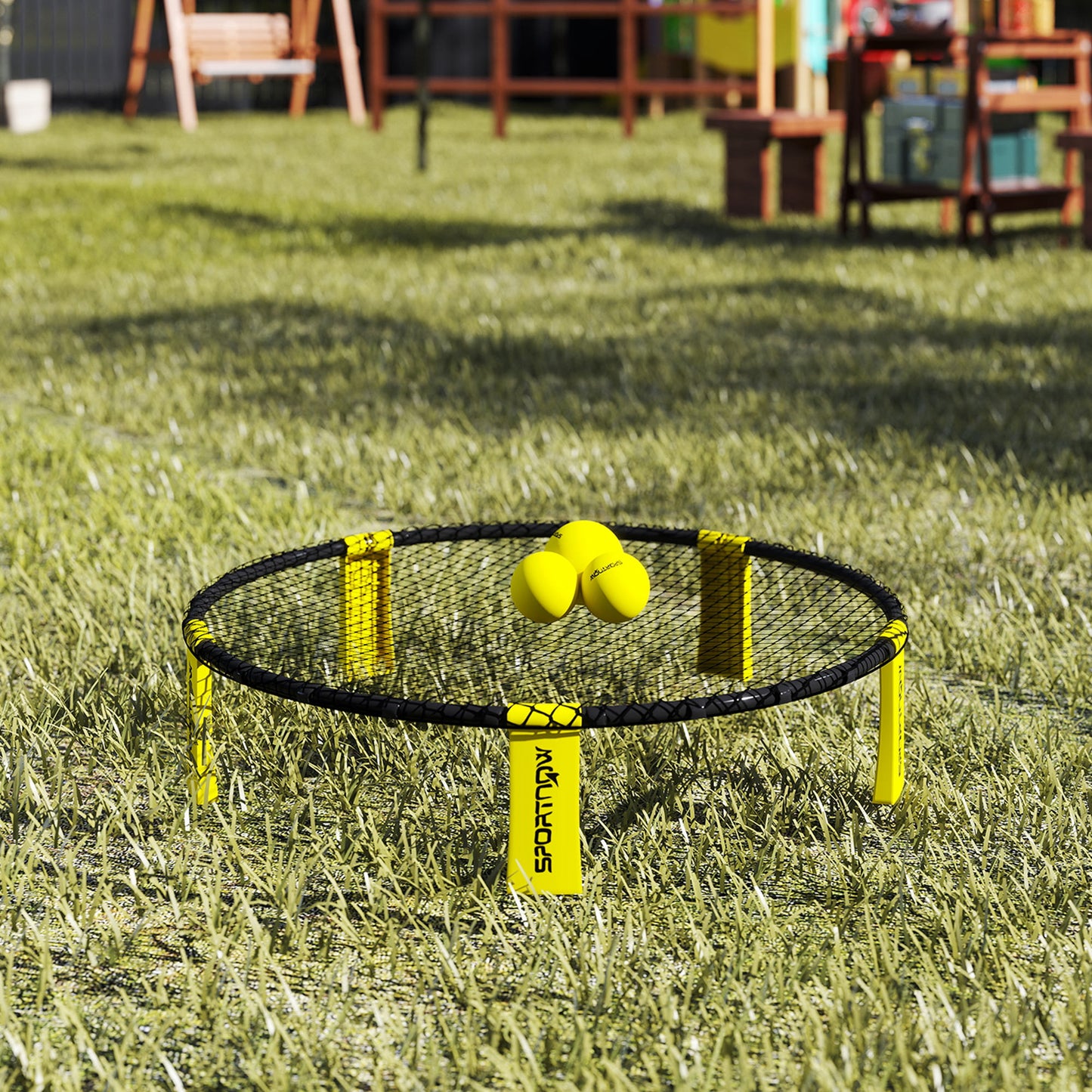 SPORTNOW Roundnet Set Spieleset mit Spielnetz 3 Bällen Tragetasche Ballpumpe Spikeball Set Ø92 x 20 cm Gelb