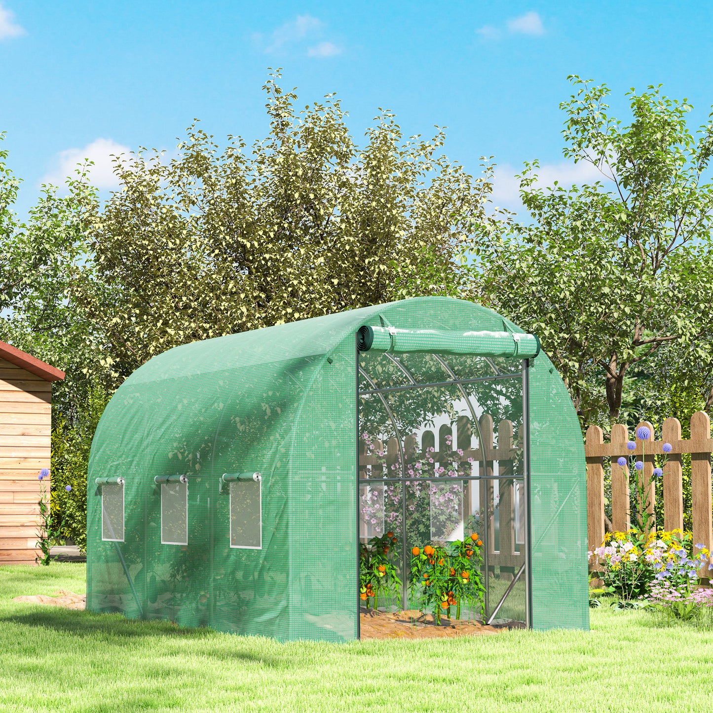 Outsunny Polytunnel Gewächshaus mit Kunststoff-Abdeckung und Stahlrahmen, begehbares Gewächshauszelt mit Rolltüren, Grün