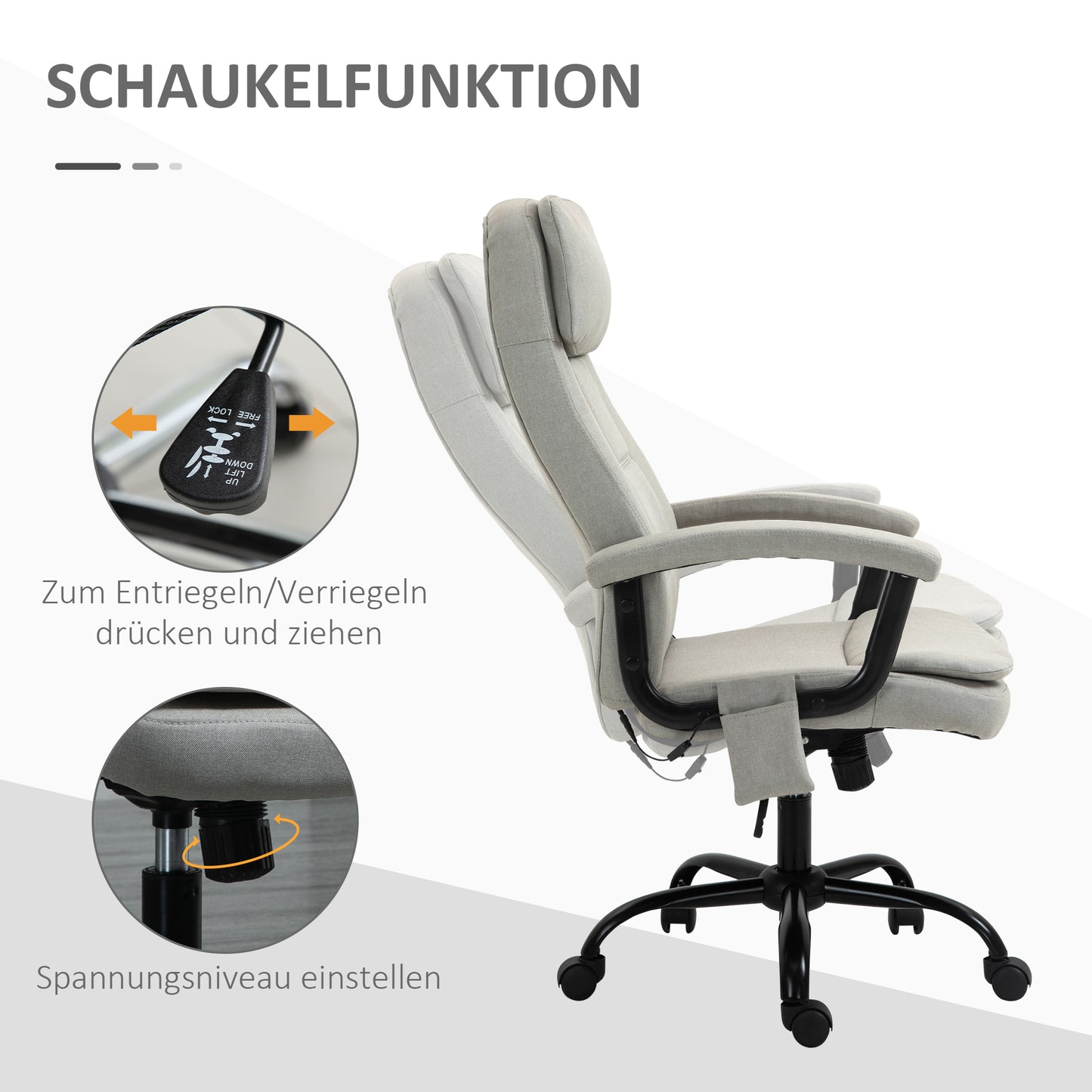 Vinsetto Bürostuhl Massage höhenverstellbarer Chefsessel Gamingstuhl mit Massagefunktion, ergonomischer Drehstuhl Massage Sessel Lendenwirbelsäulenmassage Leinen-Gefühl Beige 63 x 70 x 112-121 cm