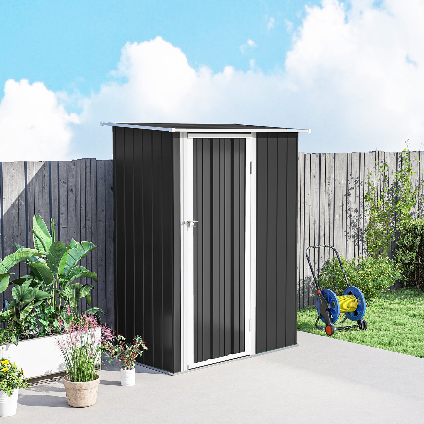 Outsunny Metall Gerätehaus 1,07 m² mit Schrägdach, 142 x 84 x 189 cm Geräteschuppen mit abschließbar Tür, Garten Schuppen, Gartenhaus Dunkelgrau