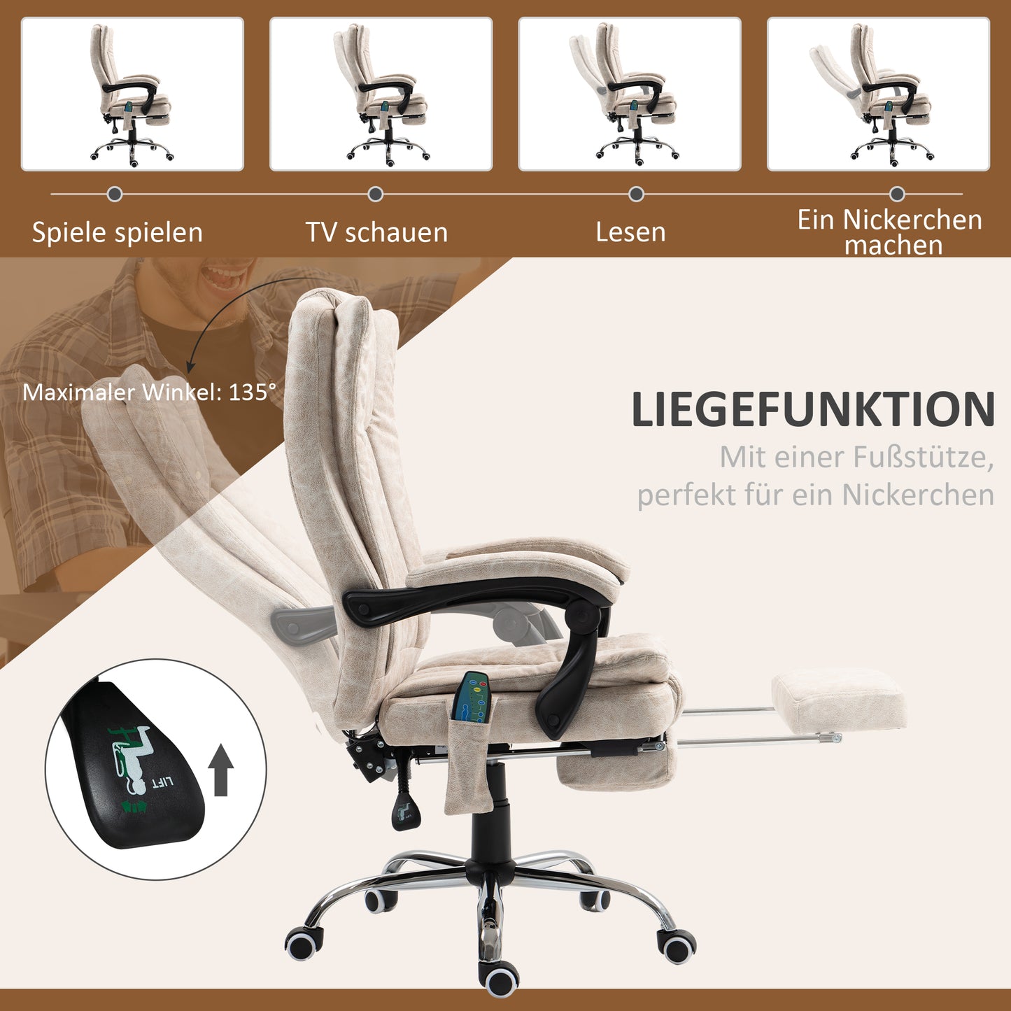 Vinsetto Bürostuhl mit Massagefunktion, Ergonomischer Schreibtischstuhl mit Liegefunktion, Heizfunktion, Seitentasche, Cremeweiß